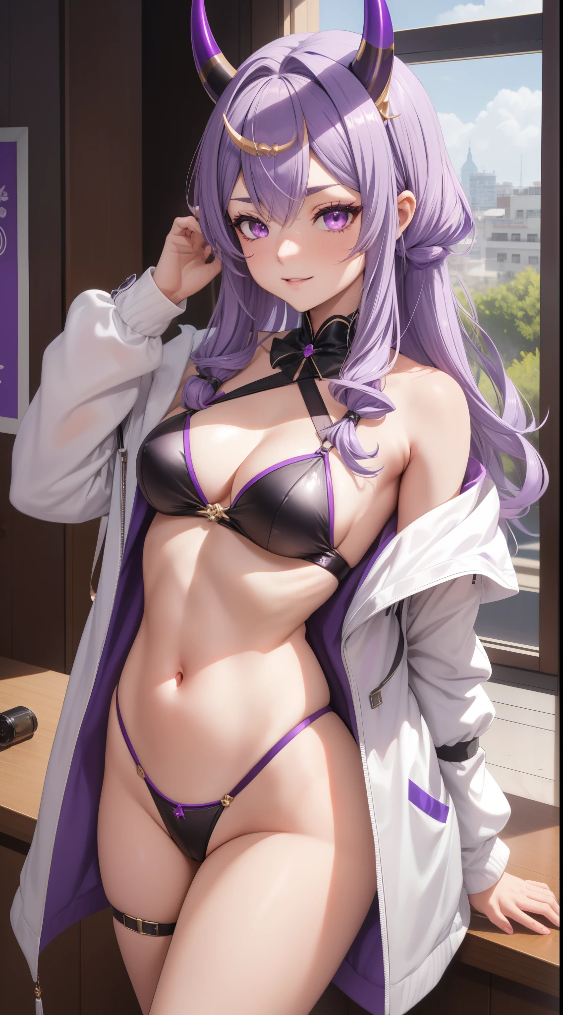 Rindou Mikoto, purple eyes, light purple hair, oni horns, peitos medios, apalpando os peitos, sorriso sexy, (alta qualidade, 8k, obra prima, qualidade ultra, extremamente detalhado, bem colorido, no blurries, foco absoluto, Impeccable quality), 1girl, calcinha de perna alta, jaqueta com capuz, jaqueta aberta, Hands, sbikini, best quality, altamente detalhado