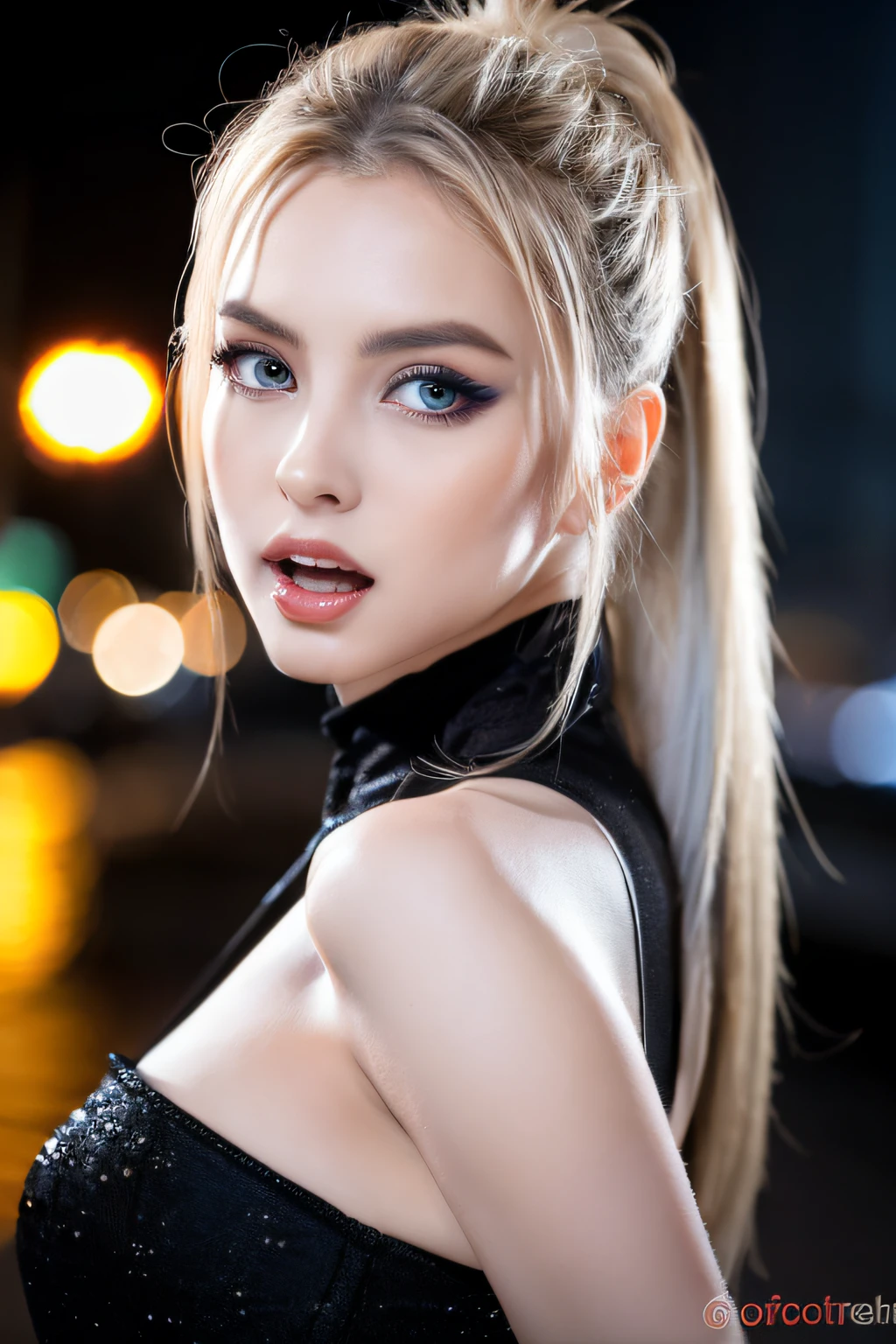 1woman, moon background, black dress, brown eyes, black eyeliner, white skin, intense blush, blonde hair, looking at viewer from side