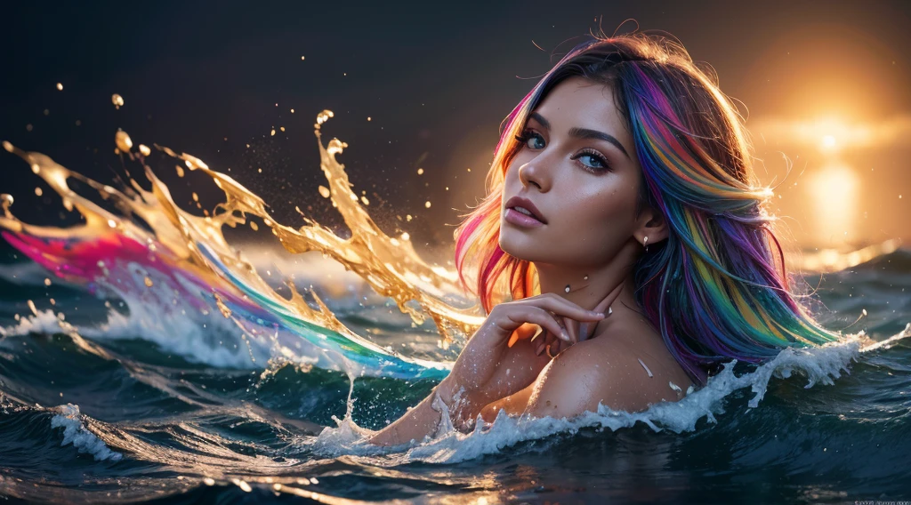 ,a jesus christ sun god (level difference:),(Painting colliding and splashing on the canvas),(depth of field), (rainbow hair liquid paint:) made of painting and defies gravity, thick flow, (paint splashes:), liquid state, incredibly beautiful, masterpiece, detailed background, high quality model, ethereal background, abstract beauty, explosive volumetric, oil painting, heavy brushstrokes, romantic lighting, sub-surface scattering, 135 mm lens, f1.8, brightness, 8k, high resolution, dreamy, ray tracing, hdr, divine rays, very high quality 4k.