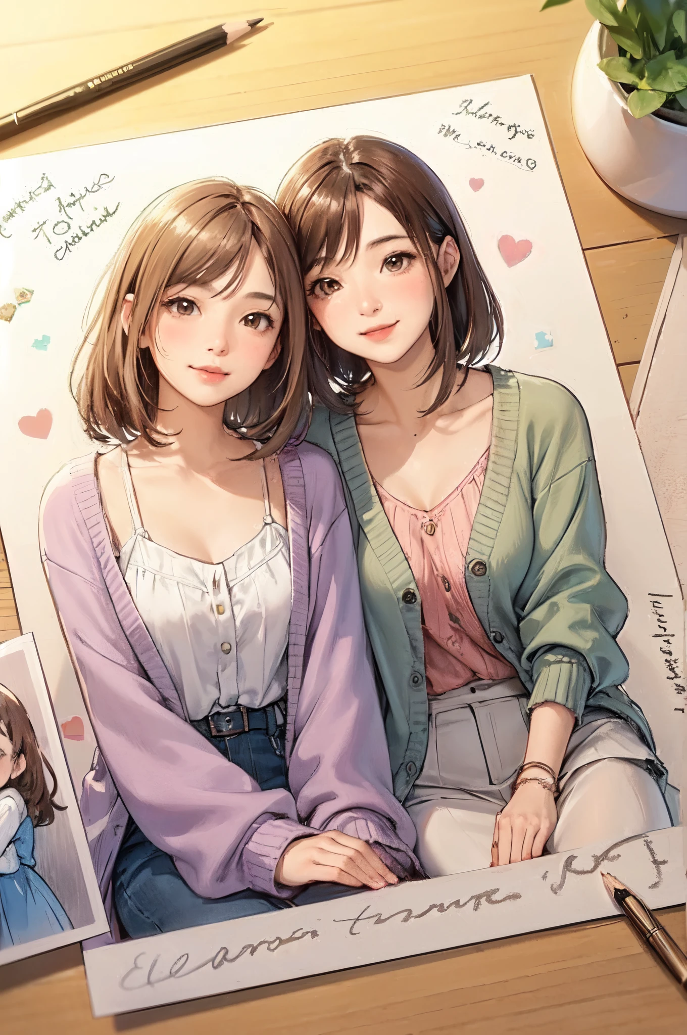 2 ladies on a postcard, (stylish outfit), mature female, /(brown hair/) bangs, blush kind smile, (masterpiece best quality:1.2) delicate illustration ultra-detailed, large breasts BREAK (a table with a postcard placed on it:1.2 ) close-up, pencil BREAK handwritten message adorn the edge of the postcard