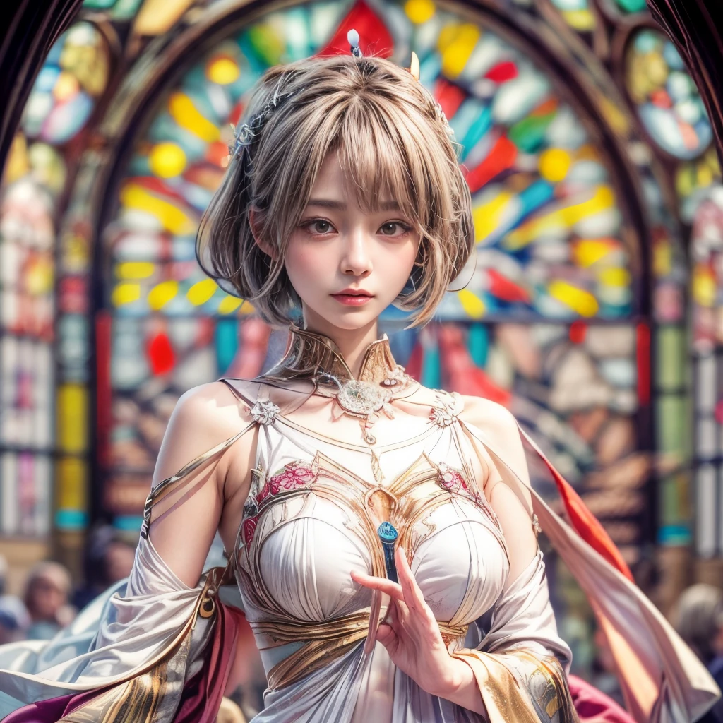 ( Masterpiece, White and vivid colors, (Exposed:1.2), (nipple:-0.9)(Acutance:0.9)), (((Renbutsu Misako|Misako Renbustu))), ((face variations)), { Navel | pretty Ass }, portrayed in the best quality and high resolution. The image should be ultra-detailed, realistic, and photorealistic with a touch of rawness. concept art. The color tone should be vibrant and vivid, enhancing the overall visual impact. (Whole Body proportions and all limbs are anatomically accurate), (Vivid Colorful light shines through the delicate stained glass). delicate limbs, Detail of sparkling oiled ivory skin, (short Bob, delicate wear), Whole Body proportions and all limbs are anatomically accurate .