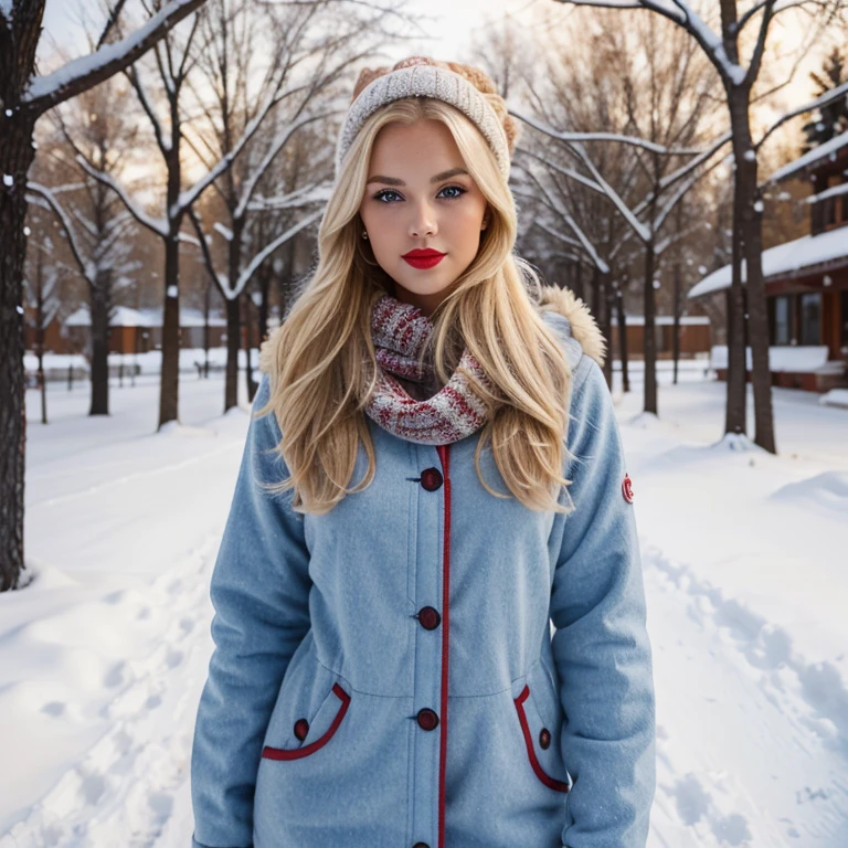 Fit blonde, perfect body, AIbeka, cherry red lipstick, 64k, makeup, full body, top-quality, hightquality, Extreme Detail Photography, Eye for extreme detail, masterpiece, extreme face details, 16k, 8k, 4K, HD, UHD, a beautiful woman, posing for a picture, looking aroused, casual, red lips, depth of field, blonde Blue Eyes Aibeka, full body view, red cheeks, full cute furry winter clothes, winter view