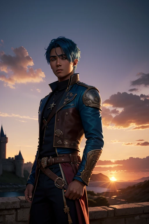 (absurdres, highres, ultra detailed), 1 male, young man, tan skin. eyepatch on right eye, blue hair, dramatic lighting, detailed, masterpiece, standing in front of the castle, sunset light, red and orande sunset tones