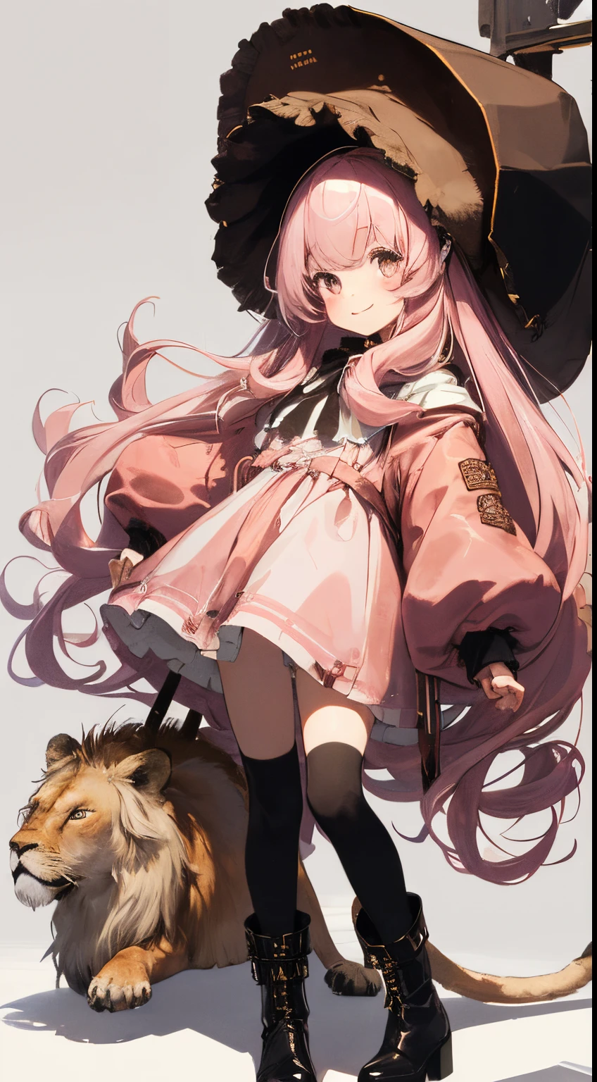 (masterpiece、top-quality、hightquality)、full body of a young girl、One Little Girl、Long pink hair、Tied hair、Fluffy、Black short skirt、Mafia Girls、full body Esbian、Fluffy atmosphere、Leather boots、Pure white background、smil、Active、Parka with a lion motif