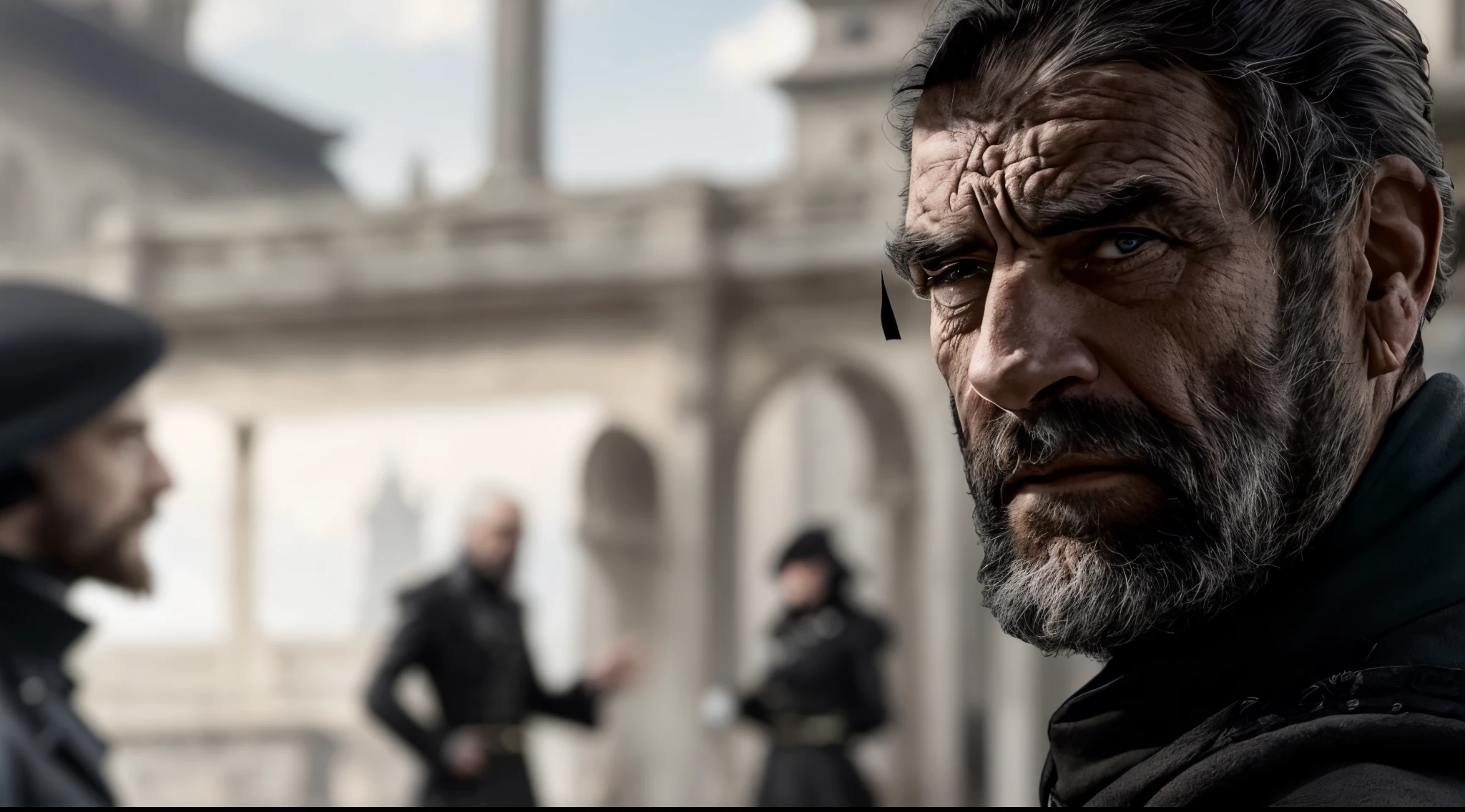 un gros plan d'un homme avec une barbe et une veste de costume, Sean Connery dans le rôle du grand patron, Capture d’écran de haute qualité, Sean Connery, Fond d’écran HD, sur fond noir, Portrait 4k, Portrait VFX très détaillé, regard menaçant, debout avec un fond noir, bel homme, hyperréalisme sur fond noir, devant un fond noir, Vieux vieil homme cyberpunk