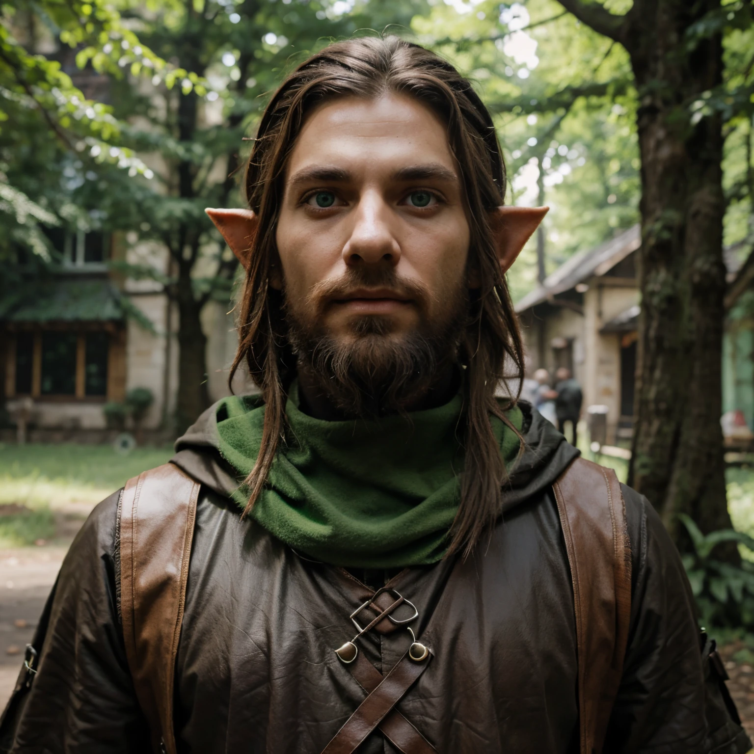 Wise, bearded wood elf with bright green magic eyes in a cyber-punk society