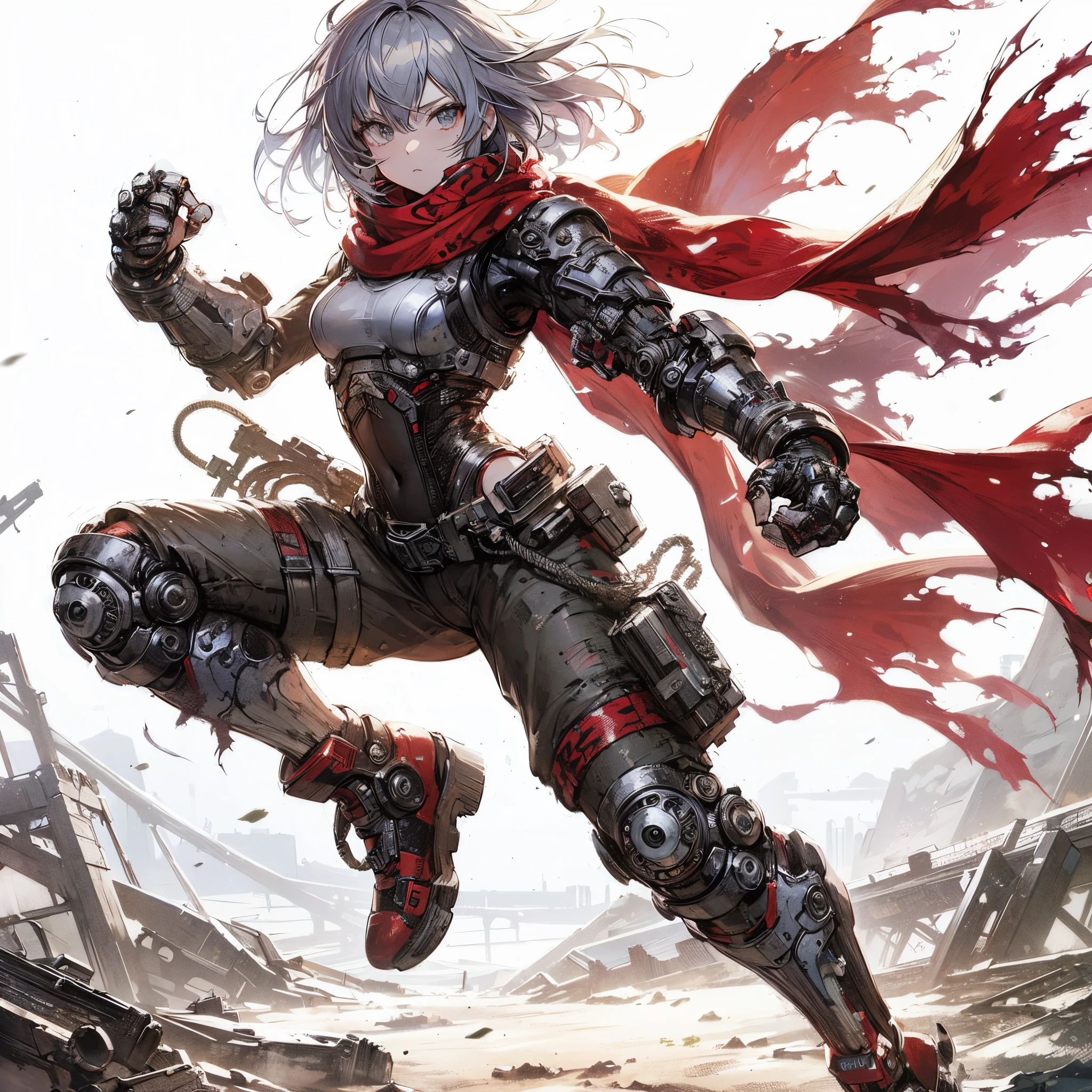 (masutepiece, Best Quality), ultra-detailliert, Anime style, Full body, Solo, cyberpunk grappler girl, Tattered high-tech armor and torn red scarf, silver hair and gray eyes, Fighting Pose, tech boots, Standing in the wasteland, Digital Painting, 8K High Resolution, Art Station Trend, White background, Whole body,
