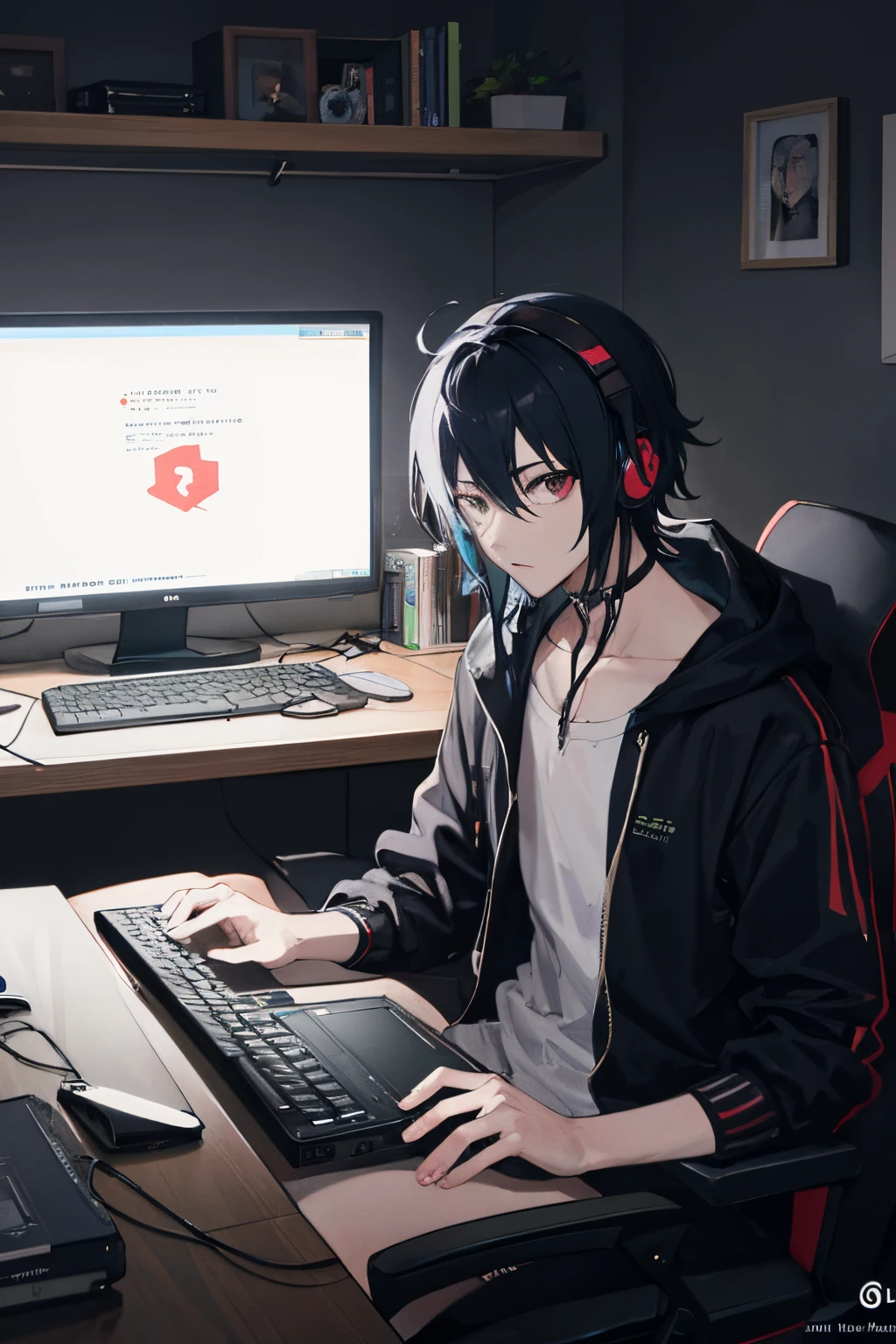 ((best quality)), ((master part)), (circunstanciado), rosto perfeito , homem de cabelos negros e olhos pretos, despojado e bonito, in a dark room lit by a state-of-the-art computer, headphones on his neck, gamer, ele joga no computador, sentado em uma cadeira gamer, iluminado pelas luzes de lead, luzes do computador, quarto gamer, sasuke uchiha gamer
