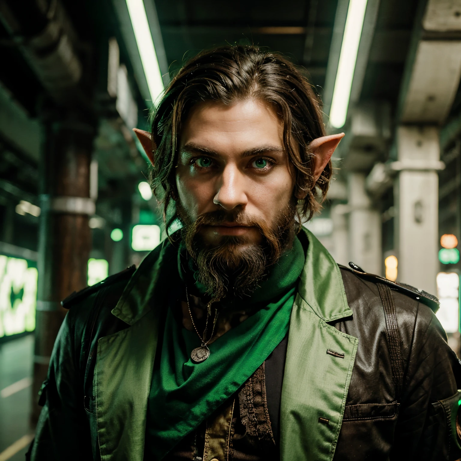 bearded wood elf with bright green magical eyes in a cyber-punk capitalist society
