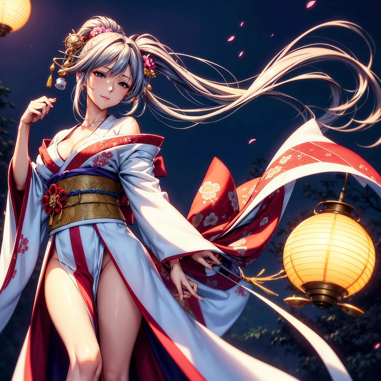 (top-quality、masterpiece、very high res、超A high resolution,High resolution details 1.5)、A woman of perfect and ultimate beauty(24 years old 1.5)、(Beautiful breasts and body shape 1.5)、Beautiful body、美丽的面容、large pink,Long hair,colorful and beautiful hair、Japan hair ornament,realistic textured skin,Wearing a beautiful Japanese long kimono,Kimono has colors and patterns.,Kimono sleeves and obi are long,Arms outstretched,Exposed shoulders from kimono,I can see the cleavage,Bright smile,Mouth opens,Hair flutters under the influence of the wind,The sleeves and obi of a kimono flap due to the wind.,that is a mysterious place,Fantastic night sky and beautiful full moon,Lantern light,Beautiful Landscapes、(The whole body,thigh visible,accurate anatomy、extremely detailed picture、Accurate images、Perfect Image 1.5)、、beautiful anime woman, Beautiful Art Style, an animated character、The whole picture、Detailed picture、Defect-free images、natural soft light、beautiful image、、(Best Shot 1.2)