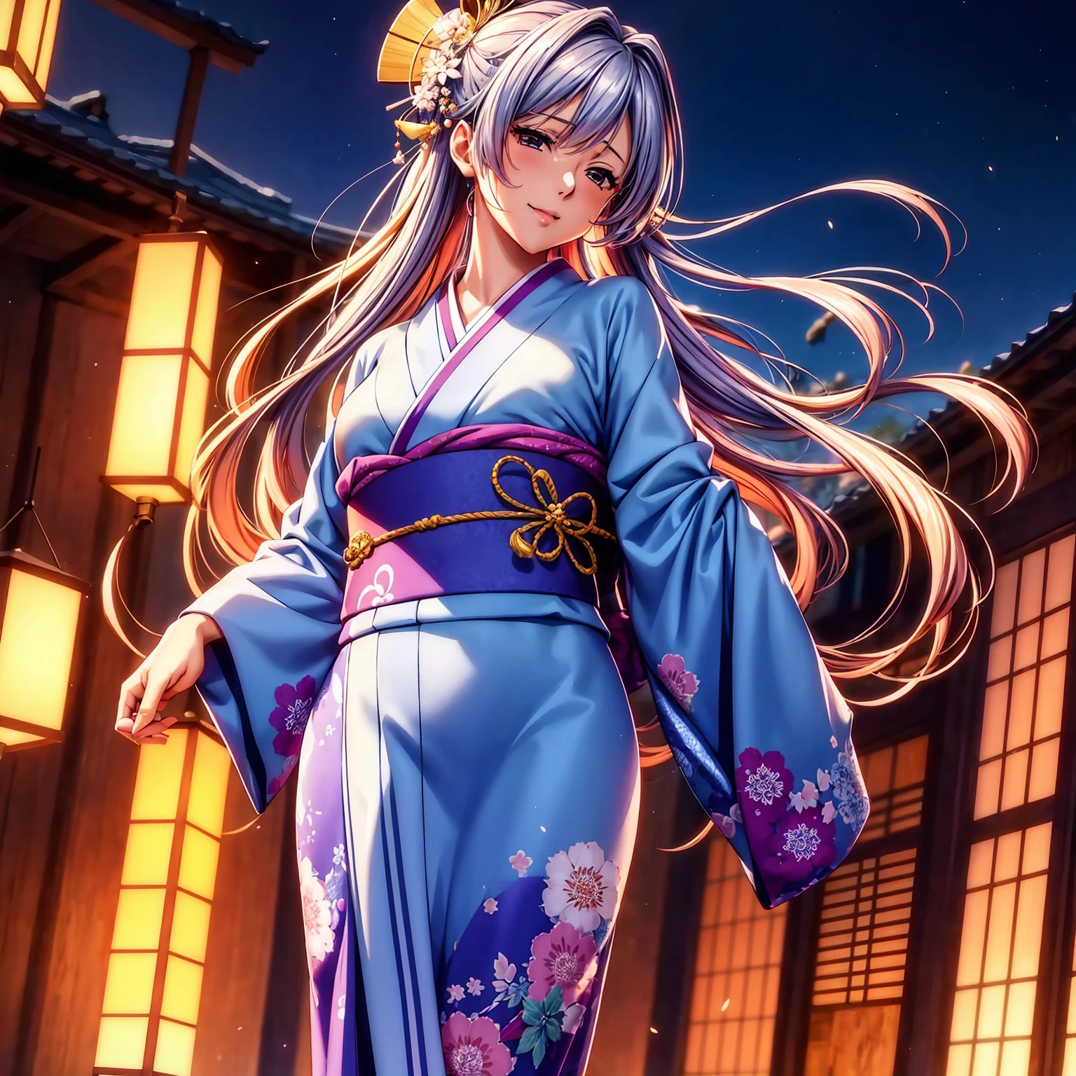 (top-quality、masterpiece、very high res、超A high resolution,High resolution details 1.5)、A woman of perfect and ultimate beauty(24 years old 1.5)、(Beautiful breasts and body shape 1.5)、Beautiful body、美丽的面容、large pink,Long hair,colorful and beautiful hair、Japan hair ornament,realistic textured skin,Wearing a beautiful Japanese long kimono,Kimono has colors and patterns.,Kimono sleeves and obi are long,Arms outstretched,Exposed shoulders from kimono,I can see the cleavage,Bright smile,Mouth opens,Hair flutters under the influence of the wind,The sleeves and obi of a kimono flap due to the wind.,that is a mysterious place,Fantastic night sky and beautiful full moon,Lantern light,Beautiful Landscapes、(The whole body,thigh visible,accurate anatomy、extremely detailed picture、Accurate images、Perfect Image 1.5)、、beautiful anime woman, Beautiful Art Style, an animated character、The whole picture、Detailed picture、Defect-free images、natural soft light、beautiful image、、(Best Shot 1.2)