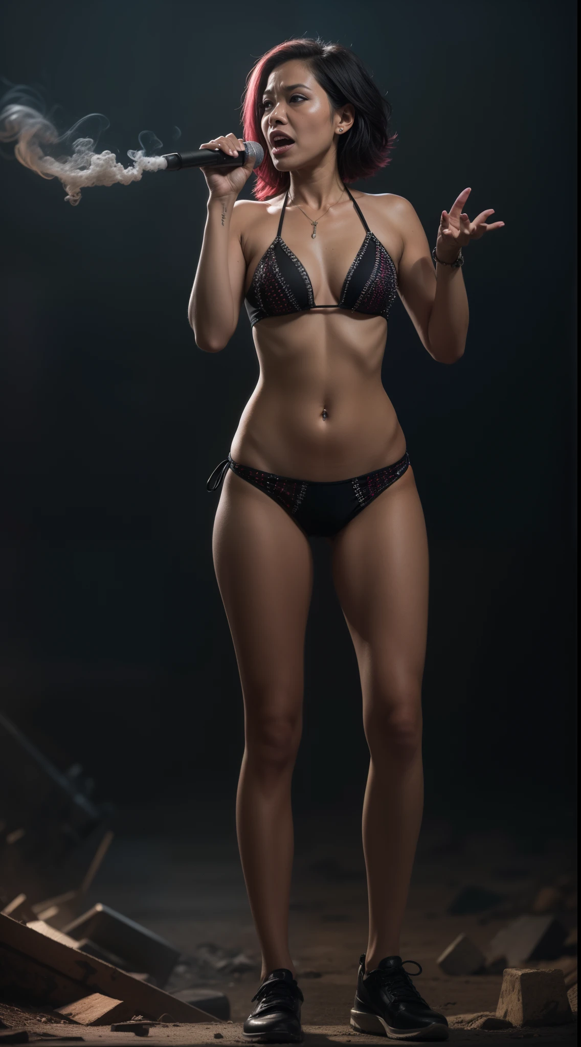 a 70 years old malay women in bikini with spiky colorful punk hair singing rock song in waste disposal site, night, serious face, nighttime, in school of rock movie style, hyper - realistic photography, dramatic effect, smoke effect in background, dark color grading, full body, 8k, close - up shot, extreme close - up photo