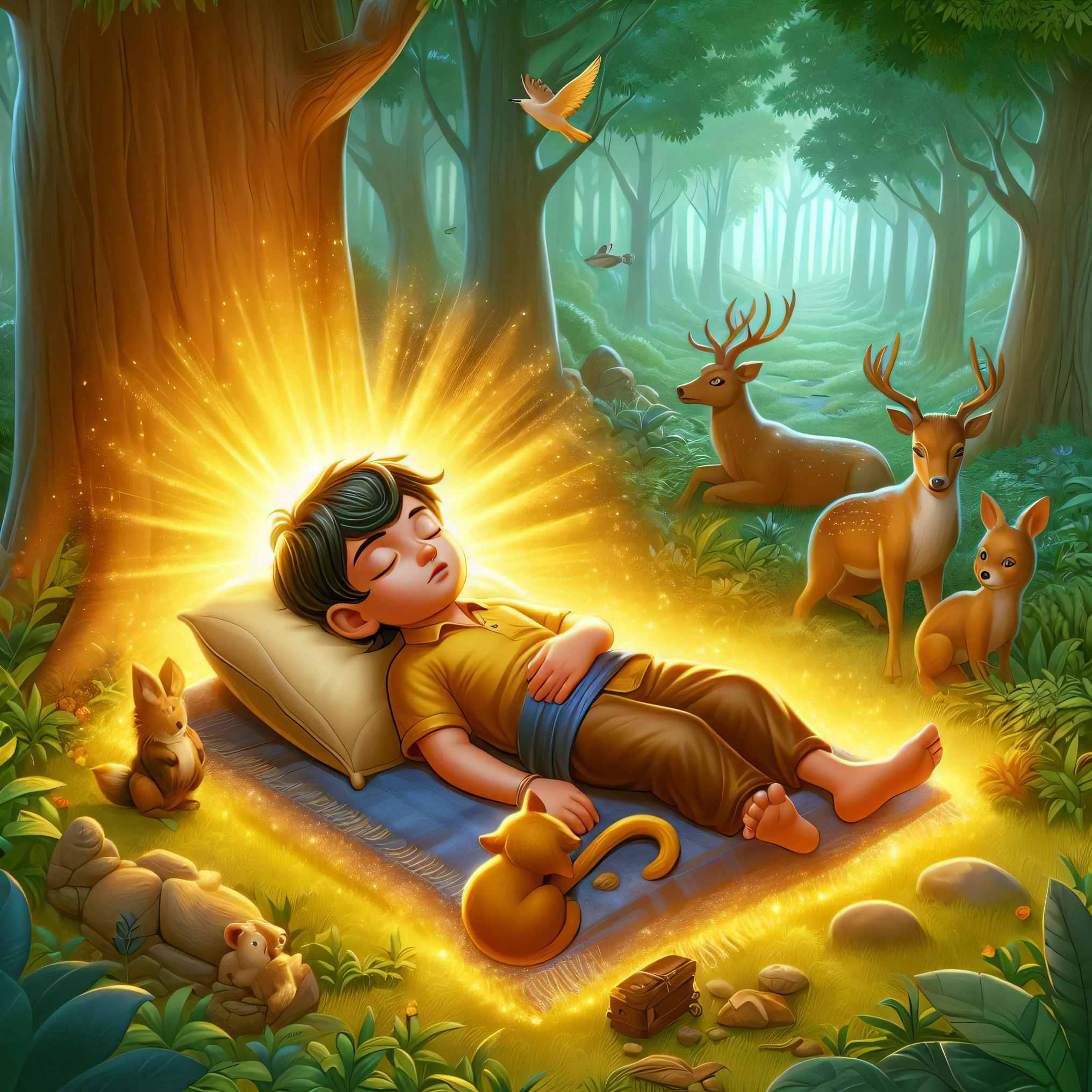 arafed boy laying on a blanket in the woods with animals, colorful kids book illustration, children book illustration, kids book illustration, dreamy illustration, story book illustration, childrenbook illustration, relaxing concept art, nature druid dreaming, calm night. digital illustration, a beautiful artwork illustration, children’s book illustration, cute storybook illustration, children's book illustration
