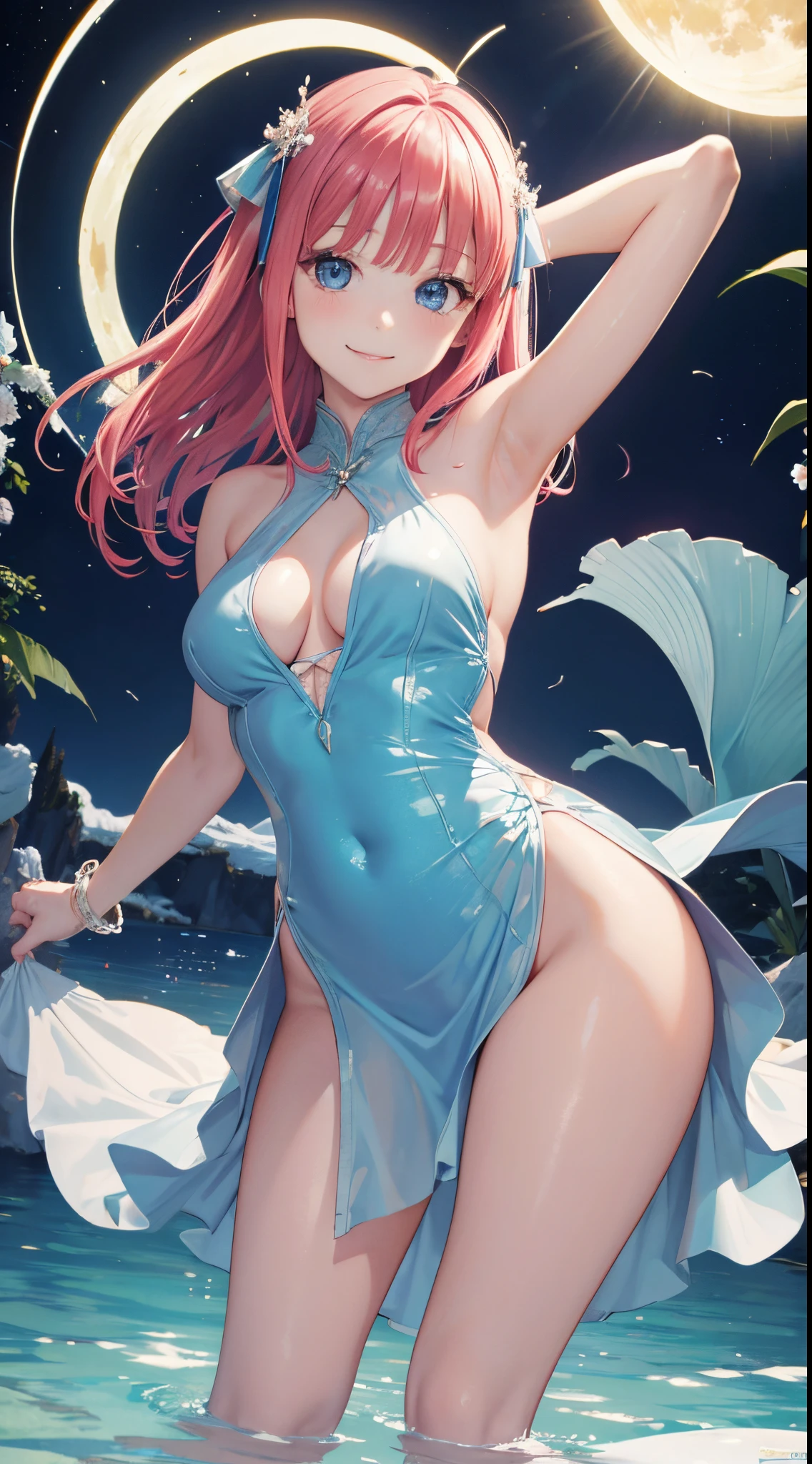 Nino Nakano riendo,Pose sexy,vestido abrigada ,lago de hielo luz de luna