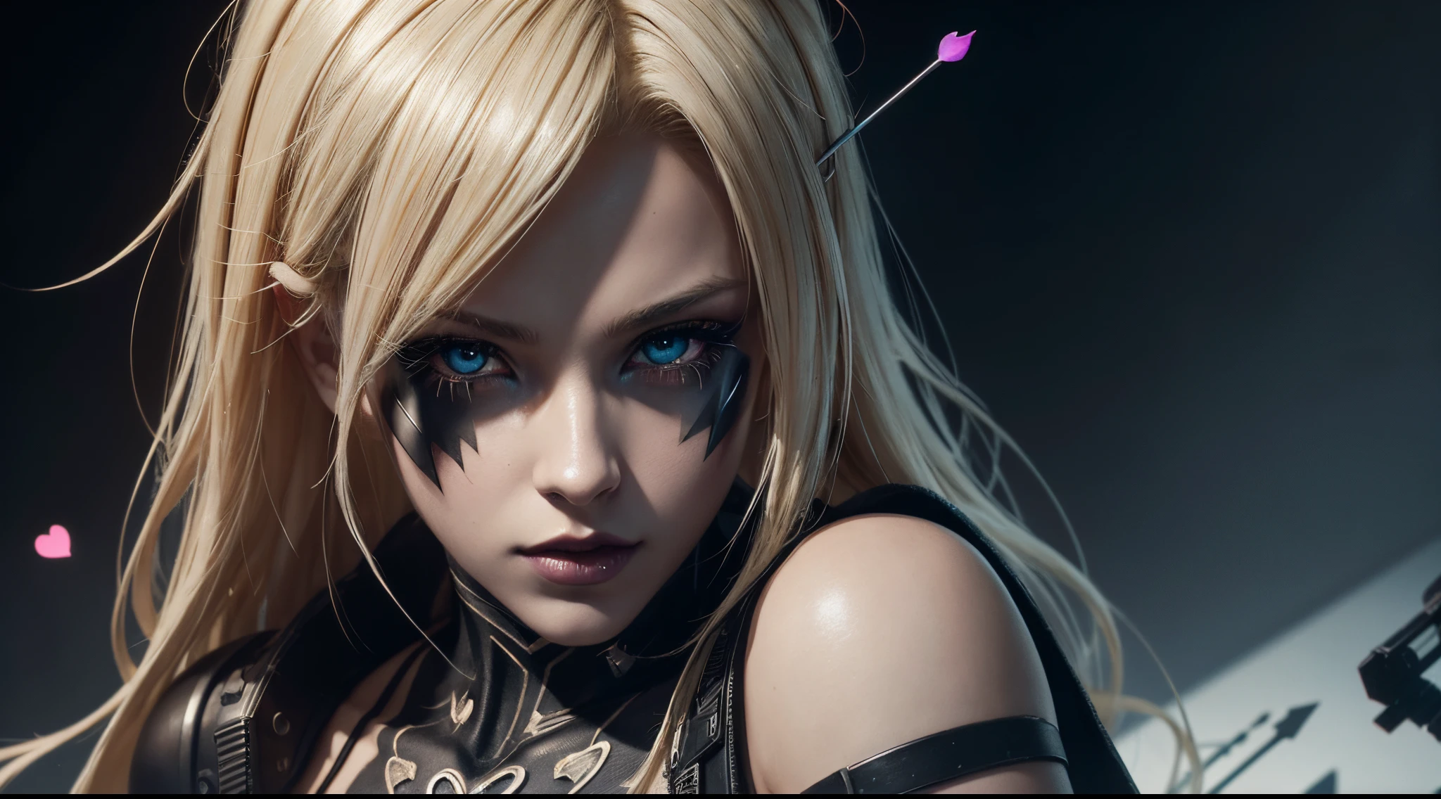 A beautiful and sweet cyberpunk blonde, a digital painting of a woman with Love Makeup with arrows, Heart-shaped makeup, cgsociety, gothic art, dystopian art, detailed painting, behance hd, figurative art, anime aesthetic, deep photography, Ilford HP5 film, crushed blacks, depth of field, dark photo, film grain, shadows, natural light