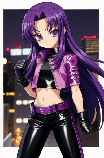 2000s anime cels style, Cartoon style of the 2000s, (flat color:1.2), vivid colors, retro anime, 2000s anime, 2000s anime, early 2000's inspired anime, early 2000's esthetics, 1girl, solo, long purple hair, purple eyes, leather jacket, crop-top, tight leather pants, belt, boots, gloves, tattoos, purple lipstick, outside, city streets, night time, night, looking at viewer, full body portrait