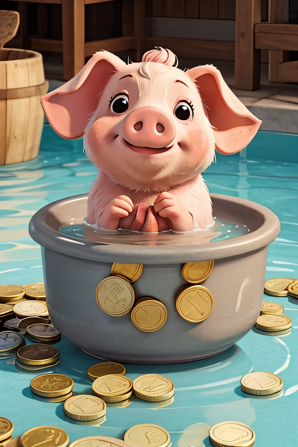 porco feliz tomando banho em moedas