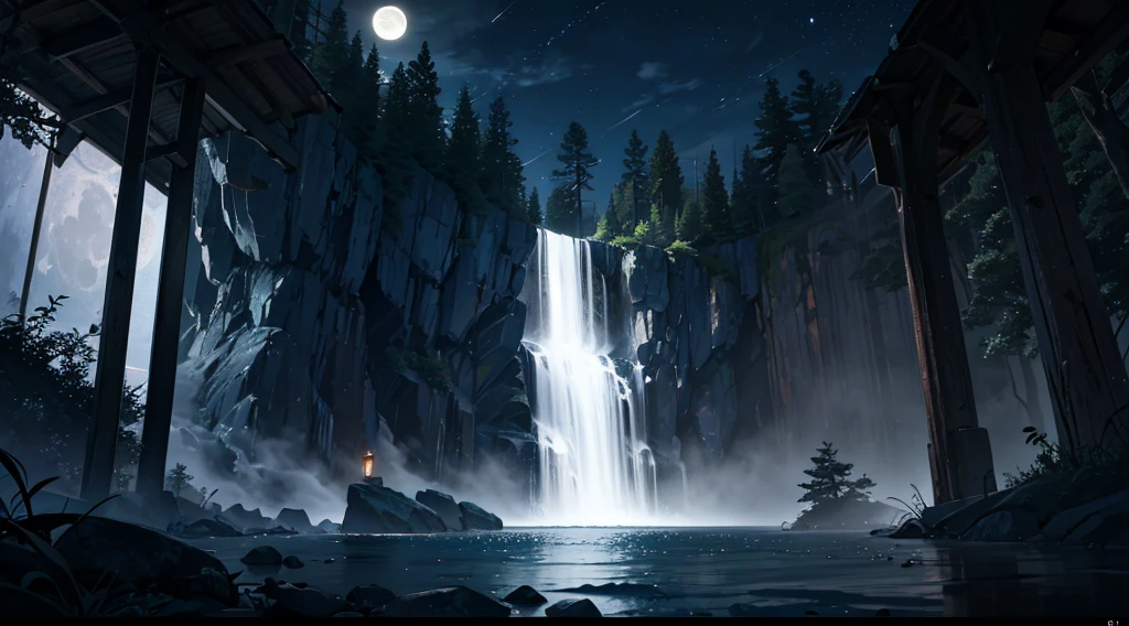 natta、themoon,springtime、low waterfall,pines、steins、vapour、(illuminations:1.0)、Epic work、High definition details、tmasterpiece、Best quality at best,(Very detailed CG - 8k wallpaper)