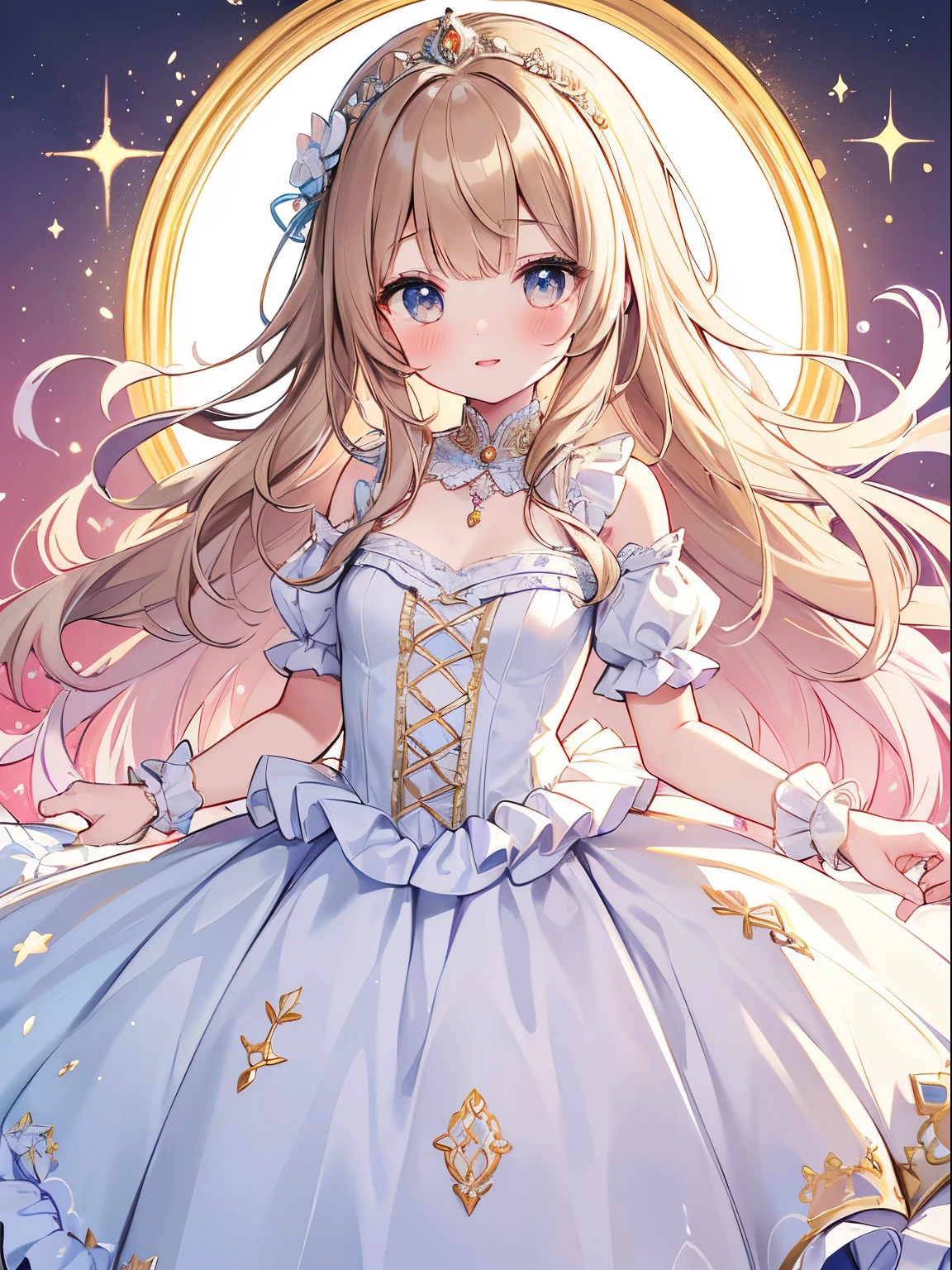 (Top Quality, 4K, High Resolution, Masterpiece), ((Perfect Anatomy)), Cute Girl, Chibi, Light Brown Hair, Beige hair, Long Hair, gradient eyes ,((👄)), Smile, BREAK, Wain reddo dress with pastel color lace decoration, Crystallization of clothes, striped cloth, colorful Clothes, gradient background, Floating light spot, ((Princess in a gorgeous rococo ball gown decorated with beautiful embroidery and jewels, with a voluminous full-length hoop skirt with ruffles)), ((crinoline)), (small breast), (sparkle)