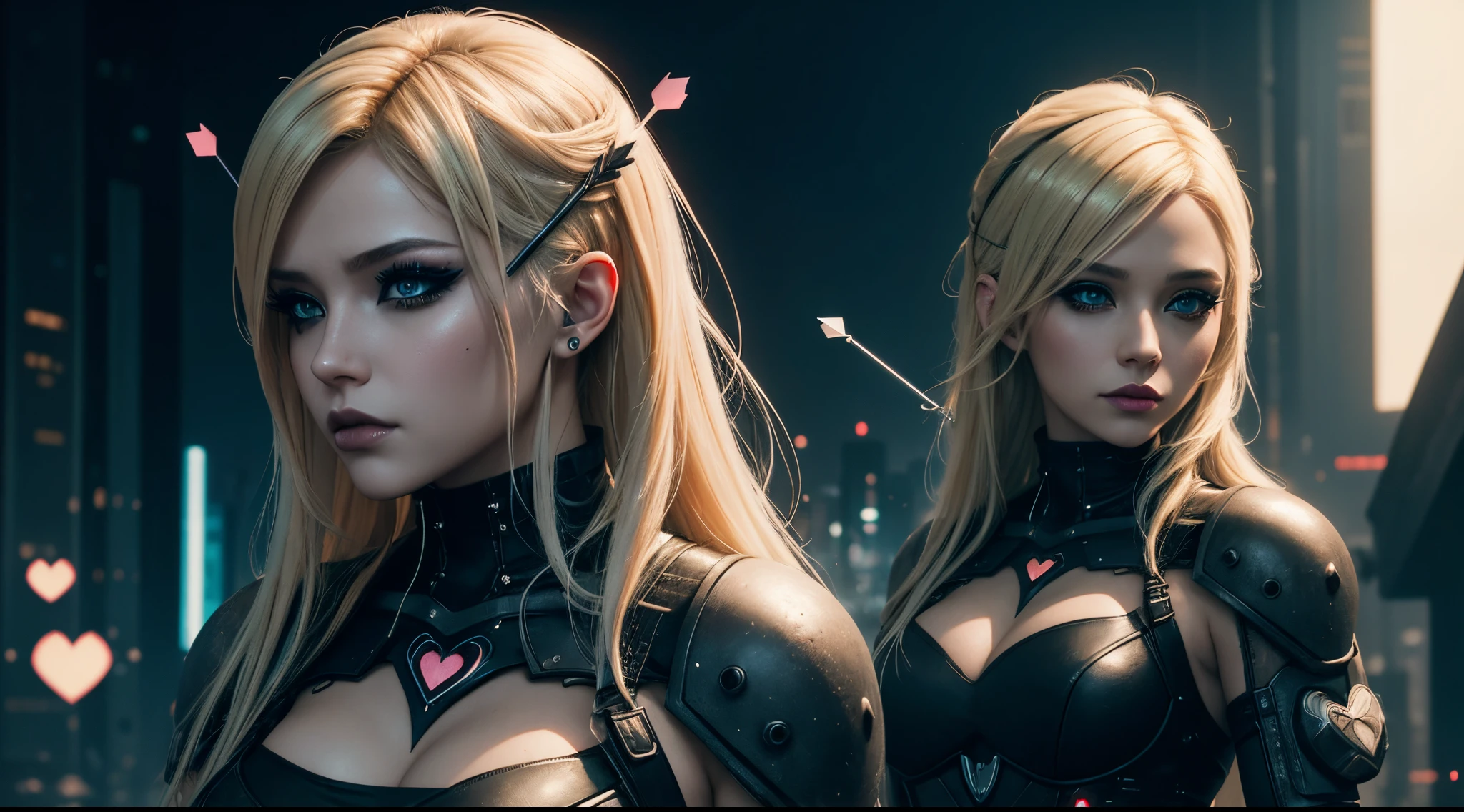 A beautiful and sweet cyberpunk blonde, a digital painting of a woman with Love Makeup with arrows, Heart-shaped makeup, cgsociety, gothic art, dystopian art, detailed painting, behance hd, figurative art, anime aesthetic, deep photography, Ilford HP5 film, crushed blacks, depth of field, dark photo, film grain, shadows, natural light