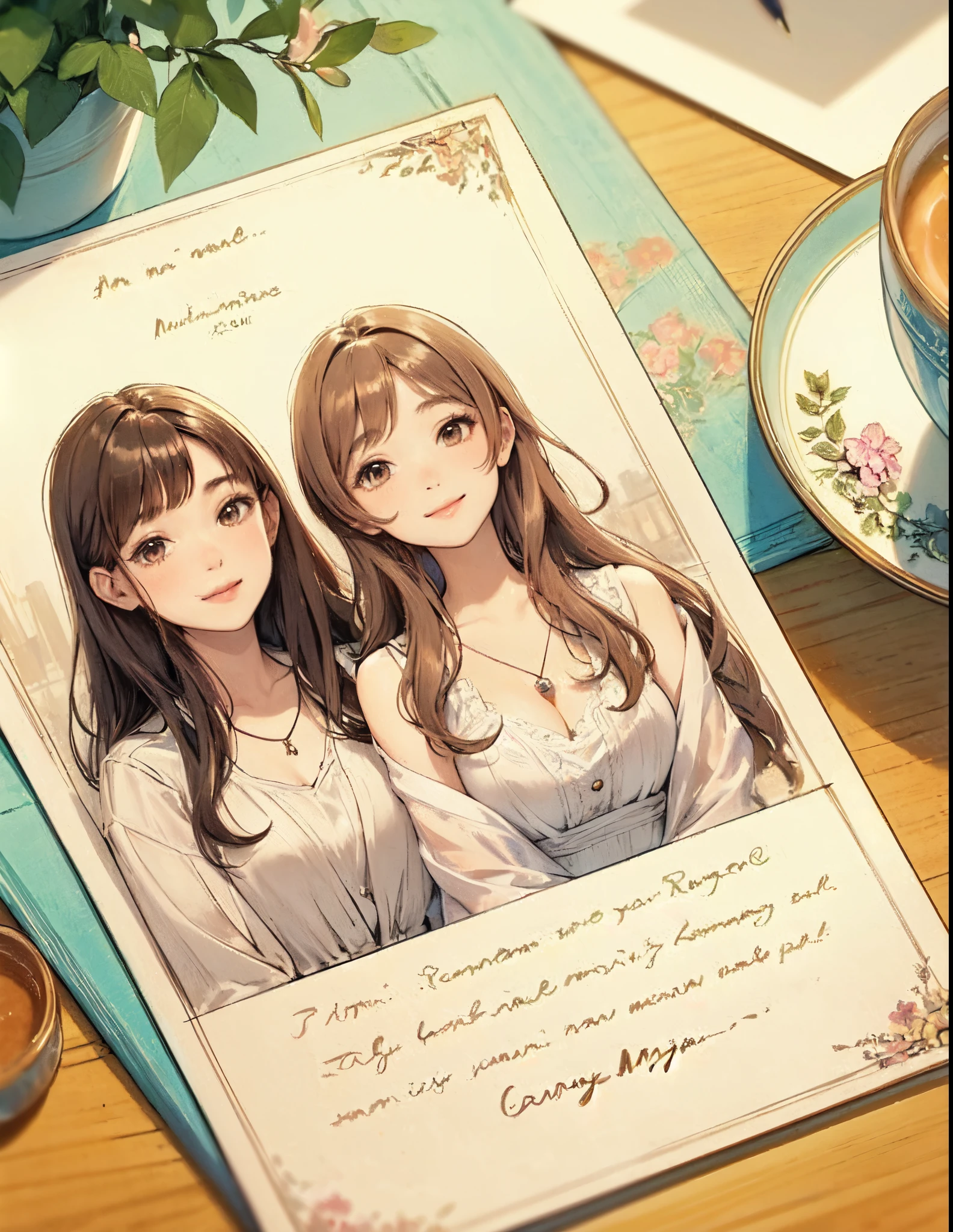 2 ladies on a postcard, mature female, /(brown hair/) bangs, blush kind smile, (masterpiece best quality:1.2) delicate illustration ultra-detailed, large breasts BREAK (a table with a postcard placed on it:1.2 ) close-up, pencil BREAK handwritten message adorn the edge of the postcard