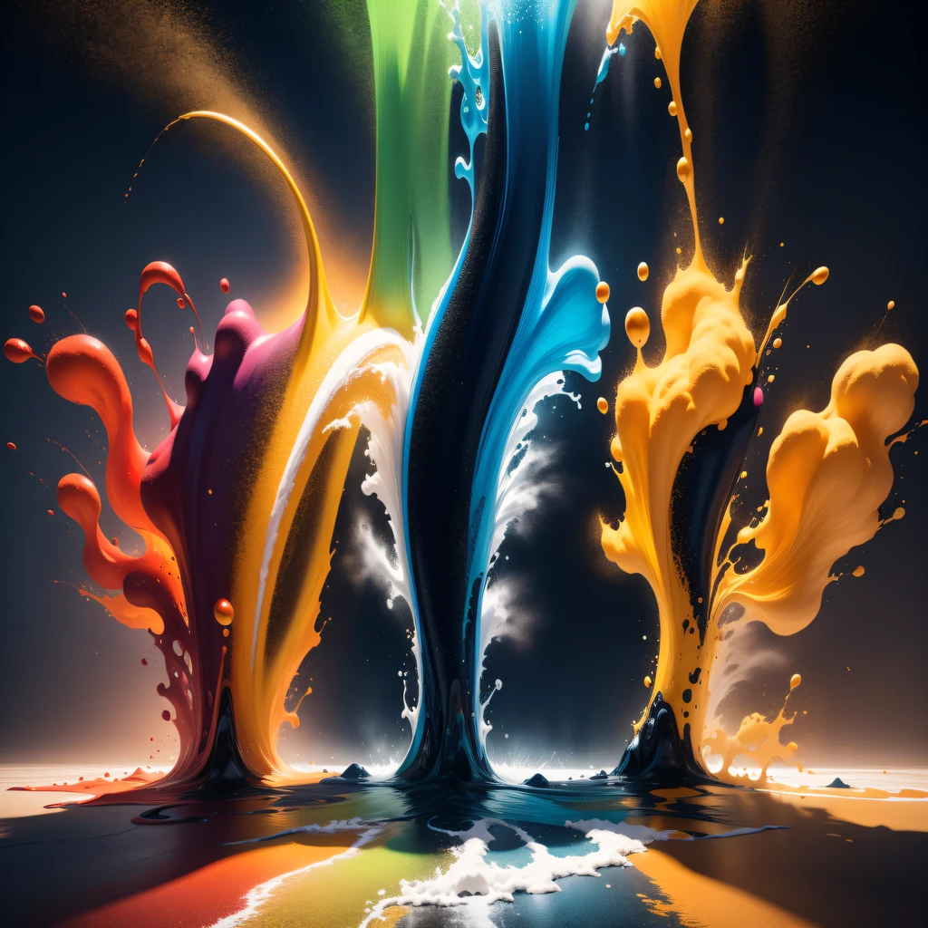 Three primary color dyes are mixed with each other to form liquids of various colors,splash,blasts,Dynamic photography,light reflections,dynamic,Complicated details,light and shadow effect,advertisement photography