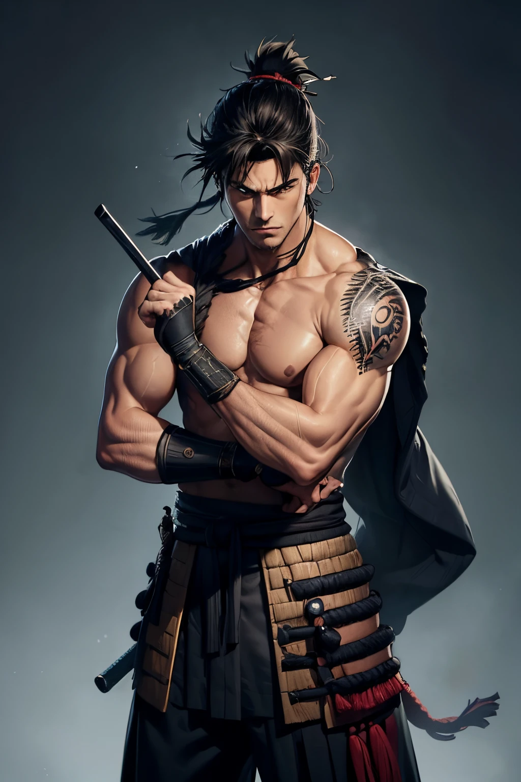 (best quality,ultra-detailed,photorealistic:1.37),portraits,blue kimono,muscular slim athletic physique,red eyes,black sandals,scarred,man,swords sheathed on hip,closed chest,messy black hair,string muscles,confident expression,determined gaze,body tattoos,dark background,sharp focus,light shining on the character, black headband, vagabond, samurai, ninja esque, ronin