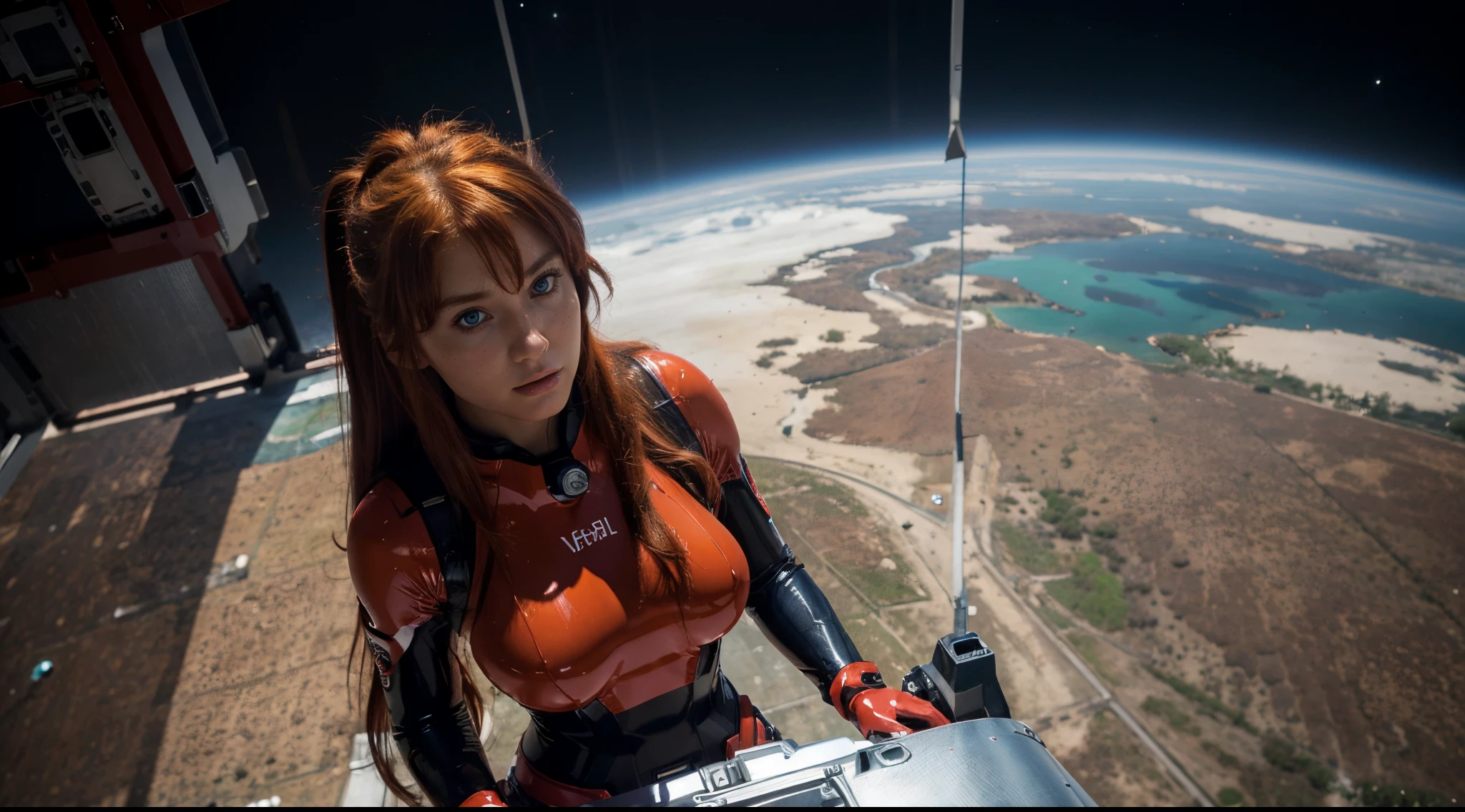(best quality,highres), ultra-detailed, realistic, 1 girl, Asuka Langley Soryu, Beautiful Pretty Mixed German Babe, stunning fiery long red auburn hair twintails, beautiful detailed dark blue eyes, flawless fair skin, bust body,(medium full shot:1.5), (from above:1.5), space station, full red latex evangelion suit, accentuate body line, dramatic lighting, combining realism and anime influences. (dynamic pose)