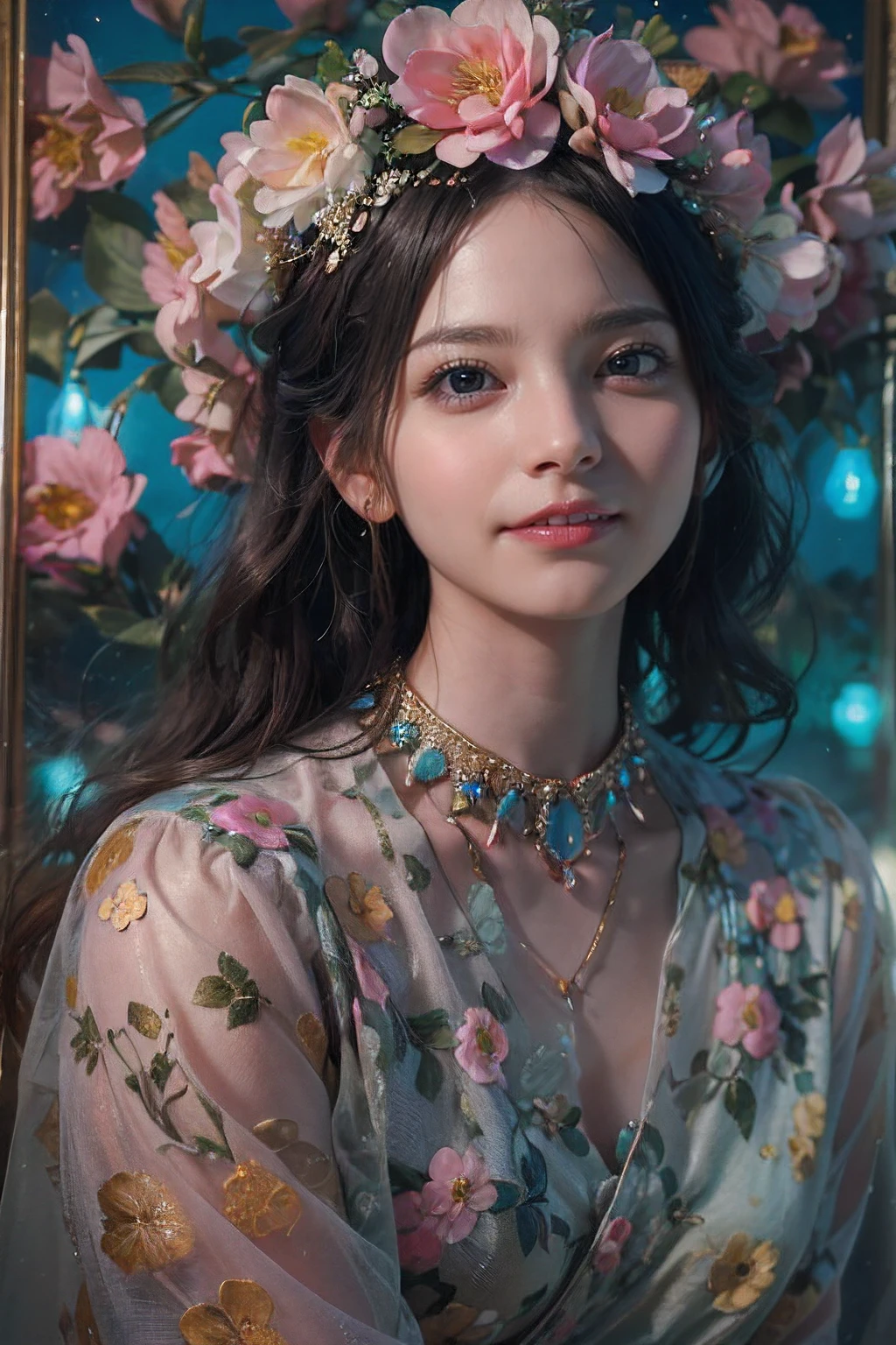 (Top quality color photo of a mysterious beautiful woman wearing floral clothes),(extremely delicate and beautiful work:1.2), Sitting in the Light of God, with neon lights, grand background, starryskybackground, Art Nouveau, Floral Couture, Clothes made of flowers, Luxury Fashion,(she is the embodiment of beauty and charm, Her clothes are as soft and light as air.,) Detailed face, Looking at Viewer, Detailed eyes, Black eyes, Glossy lips, gentle and mysterious expression, High color saturation, surrealism , (Best Quality, masutepiece, ultra-detailliert, 超A high resolution, Photorealistic, Raw photo, absurderes, absolutely resolution:1.4),