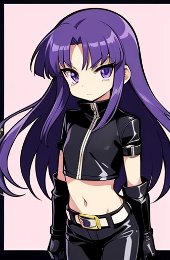 2000s anime cels style, Cartoon style of the 2000s, (flat color:1.2), vivid colors, retro anime, 2000s anime, 2000s anime, early 2000's inspired anime, early 2000's esthetics, 1girl, solo, long purple hair, purple eyes, leather jacket, crop-top, tight leather pants, belt, boots, gloves, tattoos, purple lipstick, outside, city streets, night time, night, looking at viewer, full body portrait