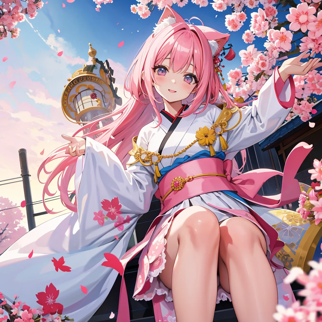 crie uma de cabelo longo e rosa, franja bem feita e reta, olhos cor de rosa, olhos de alta qualidade, roupa oriental japonesa branca com glores amarelas e azuis, meninaoxa grossa, peitos grandes, design de riupa bem feito, sapato oriental rosa, alta qualidade, desenho 4k, sheet, design de menina, fundco, menina com sorrisoioso, pose bem feita, imagem 4k, alta qualidades, olhos de alta qualidade, menina nekomimi