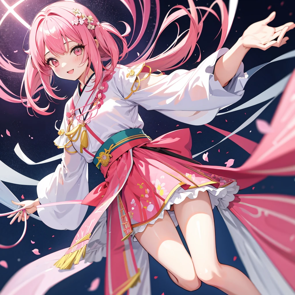 crie uma  de cabelo longo e rosa, franja bem feita e reta, olhos cor de rosa, olhos de alta qualidade, roupa oriental japonesa branca com glores amarelas e azuis, meninaoxa grossa, peitos grandes, design de riupa bem feito, sapato oriental rosa, alta qualidade, desenho 4k, sheet, design de menina, fundco, menina com sorrisoioso,  pose bem feita, imagem 4k, alta qualidades, olhos de alta qualidade, menina nekomimi