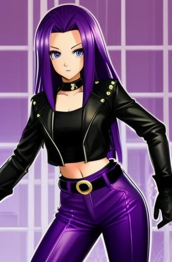 2000s anime cels style, Cartoon style of the 2000s, (flat color:1.2), vivid colors, retro anime, 2000s anime, 2000s anime, early 2000's inspired anime, early 2000's esthetics, 1girl, solo, long purple hair, purple eyes, leather jacket, crop-top, tight leather pants, belt, boots, gloves, tattoos, purple lipstick, outside, city streets, night time, night, looking at viewer, full body portrait