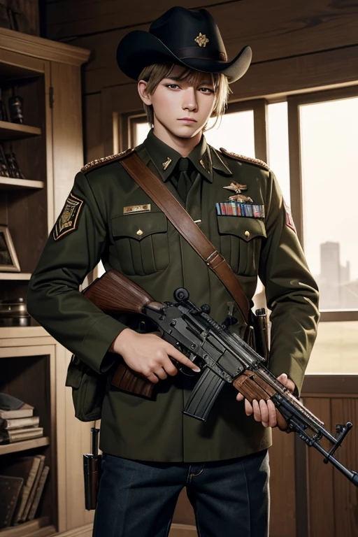 masterpiece, best quality, 1boy, cowboy shot, delicate eyes, military uniform,  AK-47, AKM, kalashnikov_rifle, assault_rifle, holding_gun