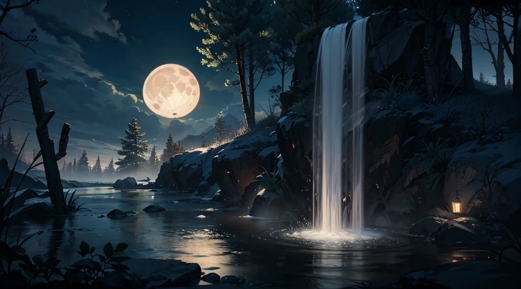 natta、themoon,springtime、low waterfall,pines、water mist vapor、(Lighting:1.0)、Epic work、high definition detail、tmasterpiece、Best quality,(Very detailed CG - 8k wallpaper)
