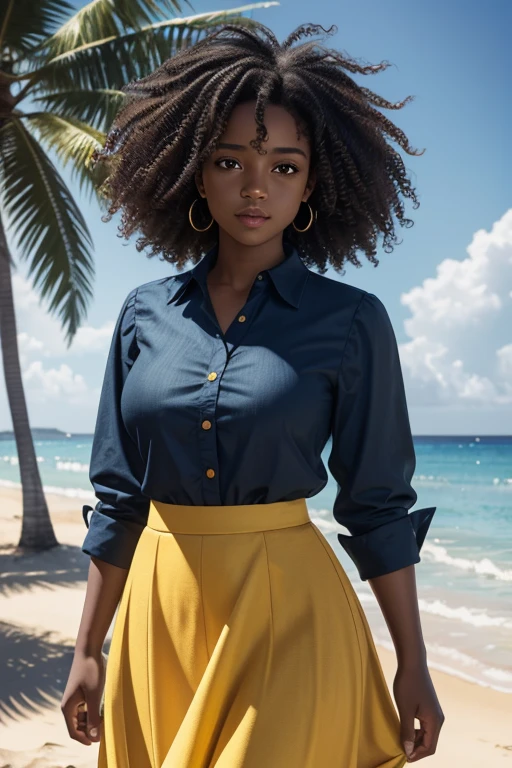 Ultra-realistic, 4k, professional photo, 22 year old girl, black girl, big curly hair, HDR, detailed face, medium body, yellow skirt with flower, (open blue shirt), Masterpiece, (lighting), (1solo), beach background, realistic background, realistic photo