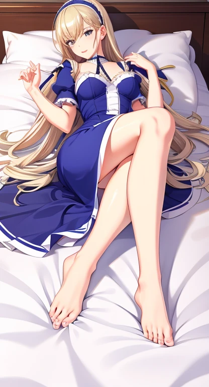 celia\（foot on foot）， celia\（\），1girll， ， report，
eBlue eyelack thighhigns，high-heeledrooms，pillow head，
Best quality at best，Highest quality，the ultra-detailed，tmasterpiece，illustratio，Ultra detailed backgrounds，