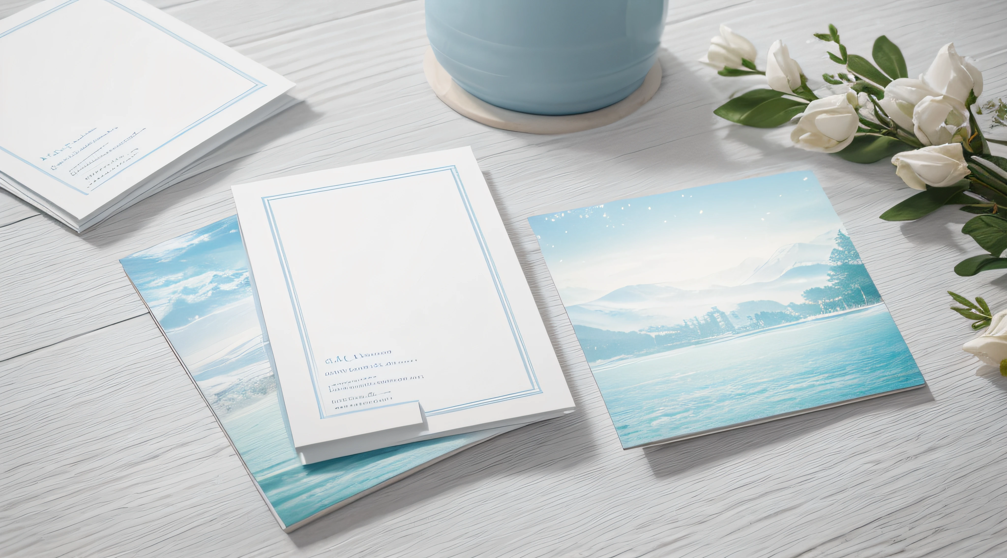 （（（Close-up of two postcards with white artistic borders，Stacked on a light blue mottled wooden table,4K,A high resolution，Extremely sophisticated and complex）））,Ethereal atmosphere,（（pure white palette））,Peaceful and quiet atmosphere