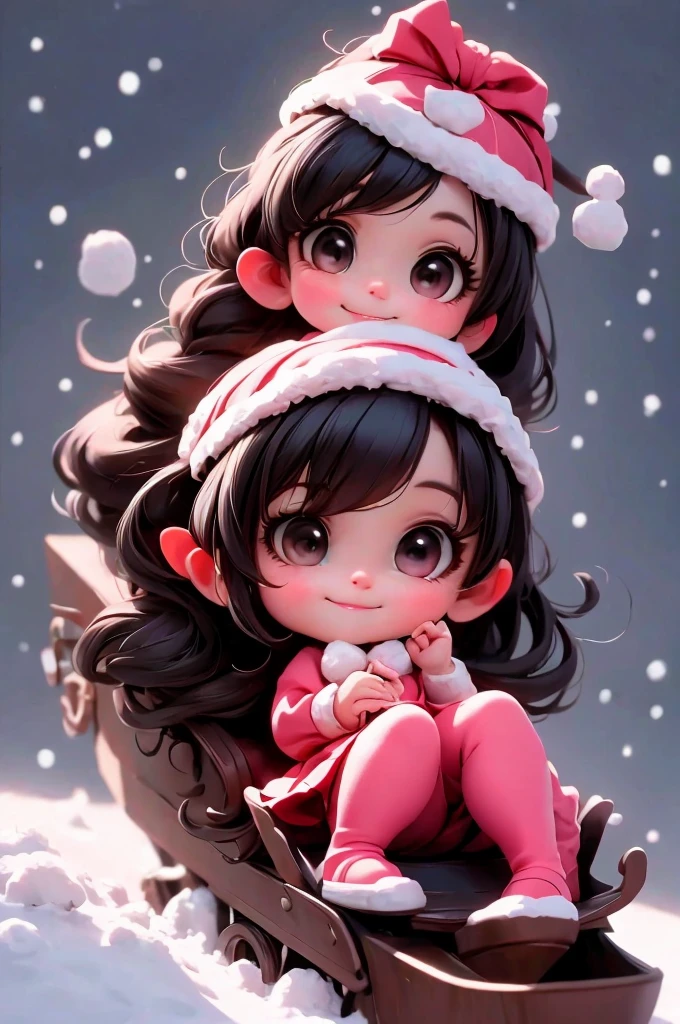 amasterpiece, best quality, 8k, cinematic light, ultra high res, chibi, cute girl smiling sitting on a sleigh, (bigfeet:0.4), (bighands:0.4)black hair, christmas steampunk dress, christmas hair ribbons, white pantyhose, red pumps, magical night, winter night, magical sparks floating, falling snow, dark shadows, ((dark fantasy)),
