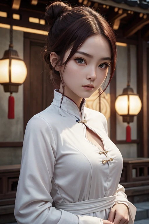 Best image quality, masterpiece level, ultra-high resolution, realism, fantasy theme, weapons, facial details, a girl, single, hair bun, fairy tale theme, upper body, Chinese architecture, flame, get detailed outdoor lighting and movie lighting, increase detailed overall ambient light, face and eye details, improve the realism of body details, clearly express sharp focus, expressionless, white clothes, burgundy hair, bright eyes, simple background.