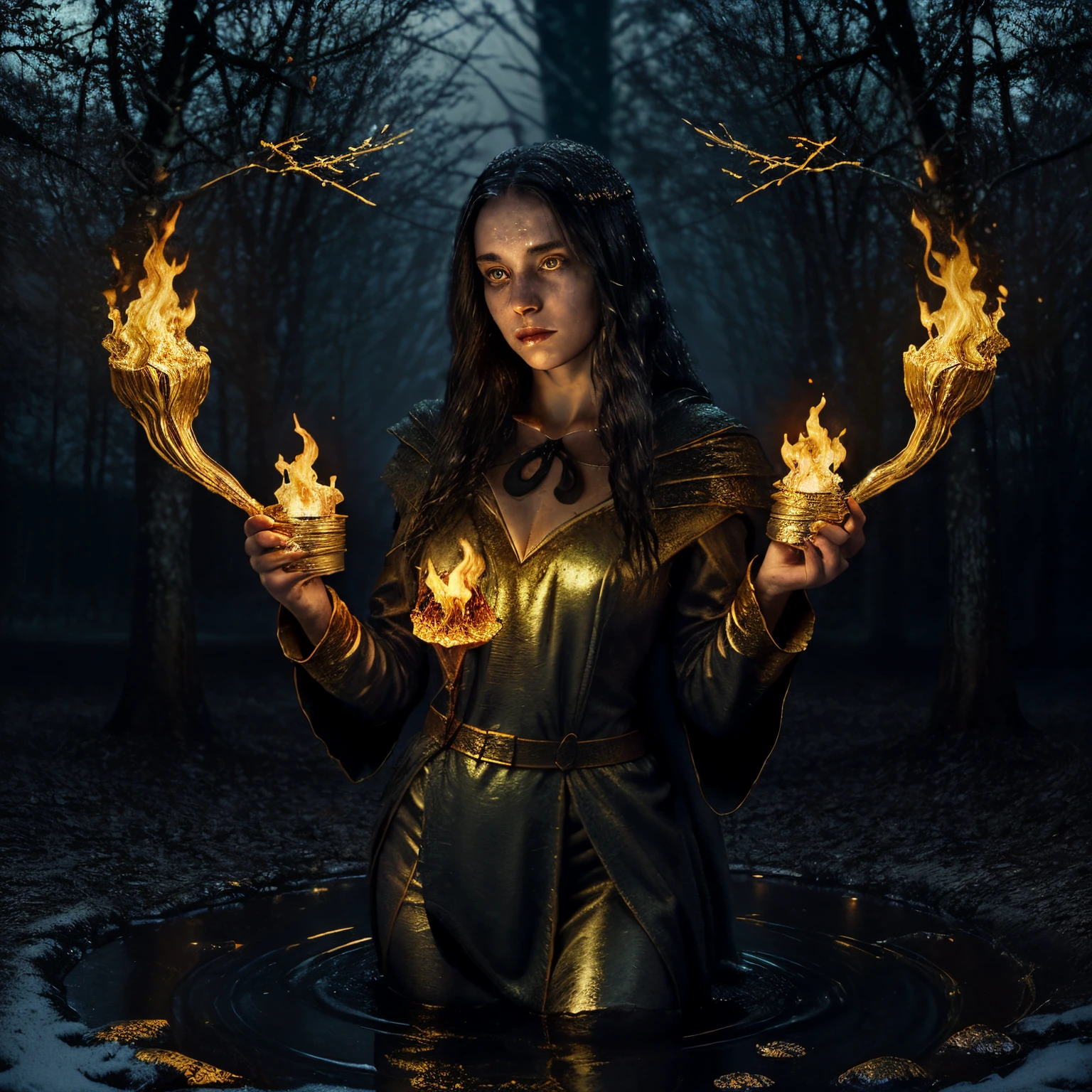 Magic tale, water and flame, wizard, mystical, dark Magic, horror, night forest, winter, cold, perfect face, perfect body, one girl, gold wear