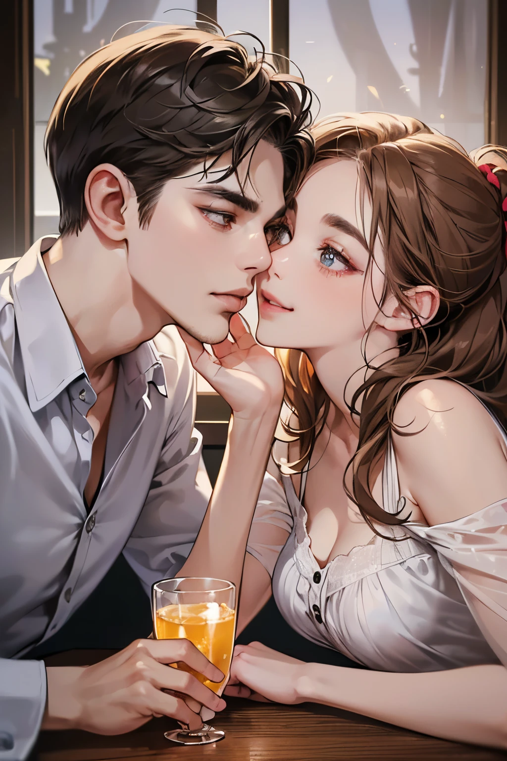 (masutepiece, Digital Art, Digital Illustration, 4K, 8K, Ultra-detailed, beautiful image, Sharp Image, Photorealistic, Raw photo, Perfect face, Perfect lines, Perfect eyes, Soft lighting) 1 woman, (lightbrown hair,Chignon Hair,Innocent look,drooping eyebrows,drooing eyes,with round face,Round jaws、Innocence,cute little,big eye,natural make up,kindly smile,E-cup,23 y-o woman:1.3),Two handsome men in casual clothes, (ember,the man has a rough appearance,well-muscled,Firm shoulder width, Man's,Boyish hairstyle,Man in his 30s with a cool expression,28-year-old man with bright smile:1.2),Drink at home、Drinking alcohol at home、Kiriko glass、Shot Glass、tequila、squeeze a lime、Please enjoy and make noise、the kiss、kiss、a couple、couple kissing、Romance、Cheers