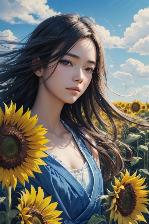 The composition of fictional characters, Dressed in young blue flowers, surrounded by sunflowers, The protagonist, with his eyes open, his hair blown by the wind, and the sun heals, close-up monochrome painting, cute, dreamy, oil painting style, acrylic paint,, Japanese, interesting concept, interesting drawing - ar 3:4 -s 20 -niji 5