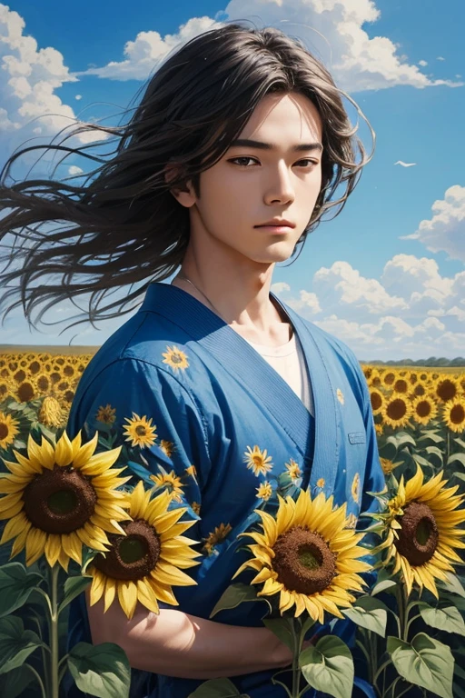 The composition of fictional characters, Dressed in young blue flowers, surrounded by sunflowers, The protagonist, with his eyes open, his hair blown by the wind, and the sun heals, close-up monochrome painting, cute, dreamy, oil painting style, acrylic paint,, Japanese, interesting concept, interesting drawing - ar 3:4 -s 20 -niji 5