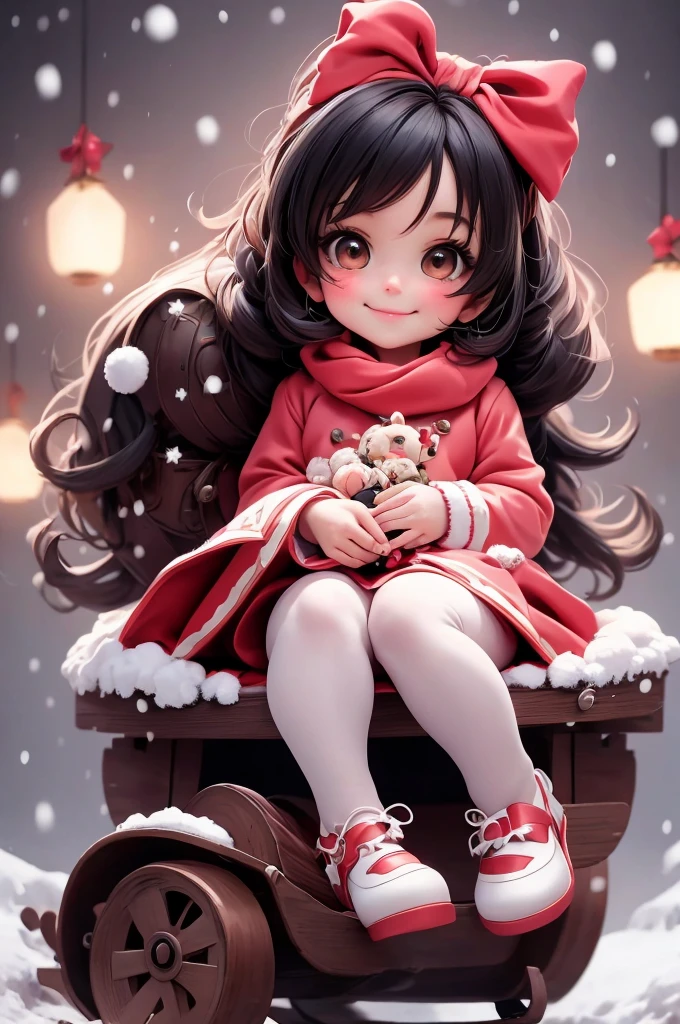 amasterpiece, best quality, 8k, cinematic light, ultra high res, chibi, cute girl smiling sitting on a sleigh, (bigfeet:0.4), (bighands:0.4)black hair, christmas steampunk dress, christmas hair ribbons, white pantyhose, red pumps, magical night, winter night, magical sparks floating, falling snow, dark shadows, ((dark fantasy)),