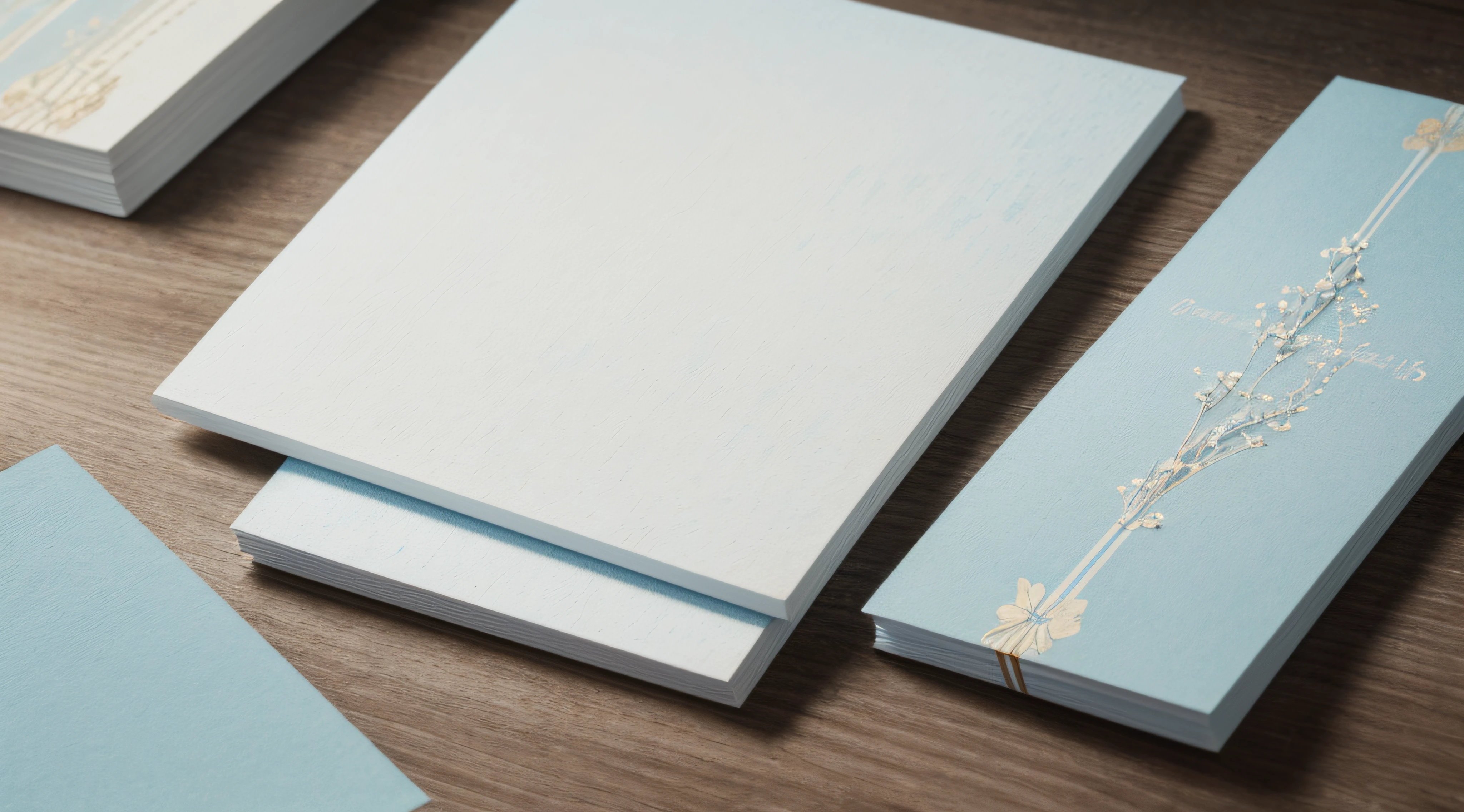(((Close-up of two postcards with white artistic borders,Stacked on a light blue mottled wooden table,4K,A high resolution,Extremely sophisticated and complex))),Ethereal atmosphere,((pure white palette)),Peaceful and quiet atmosphere