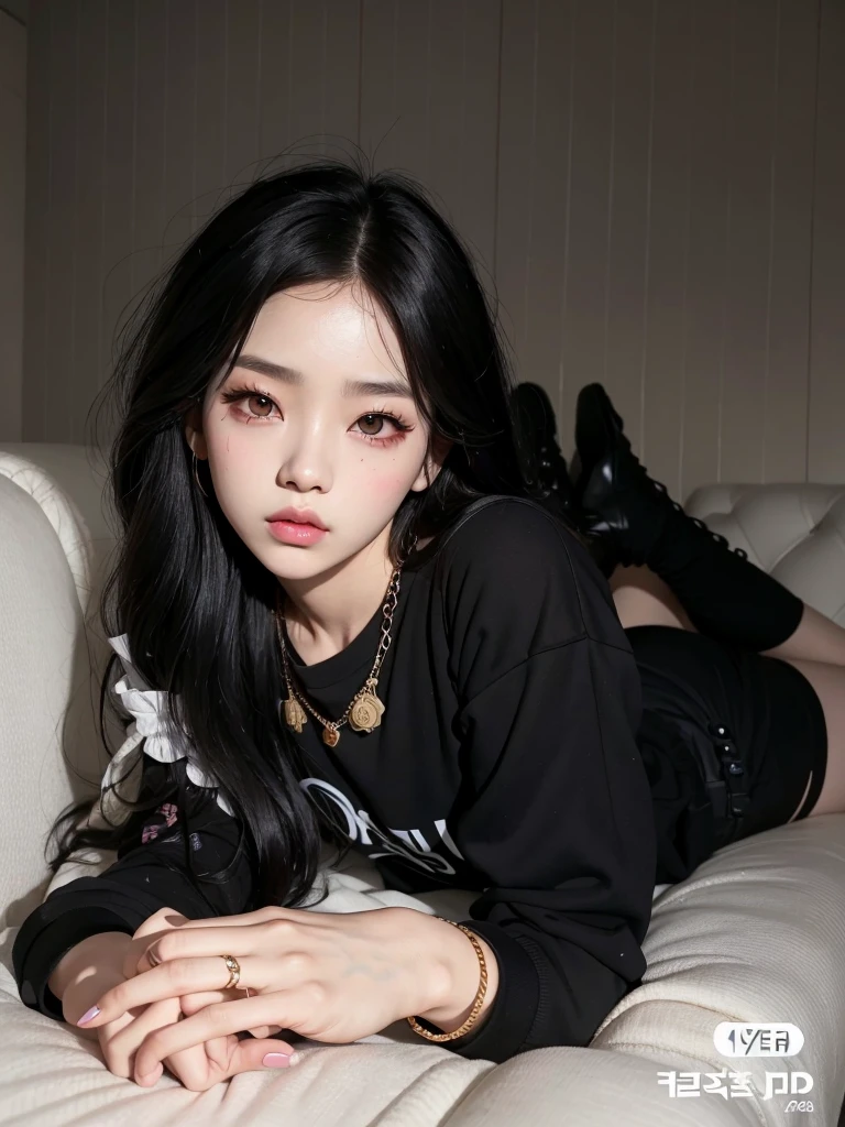 araffe girl lying on a sofa with her hands on her chest, Ulzzang, Arte no estilo de Guweiz, com cabelos longos e olhos penetrantes, cruel korean goth girl, Retrato de Jossi de Blackpink, Realistic. Cheng Yi, fotorrealista!!!!!!! estilo de arte, Retrato Jisoo Blackpink, Jisoo do Blackpink, estilo de arte realista, Estilo anime 3D realista