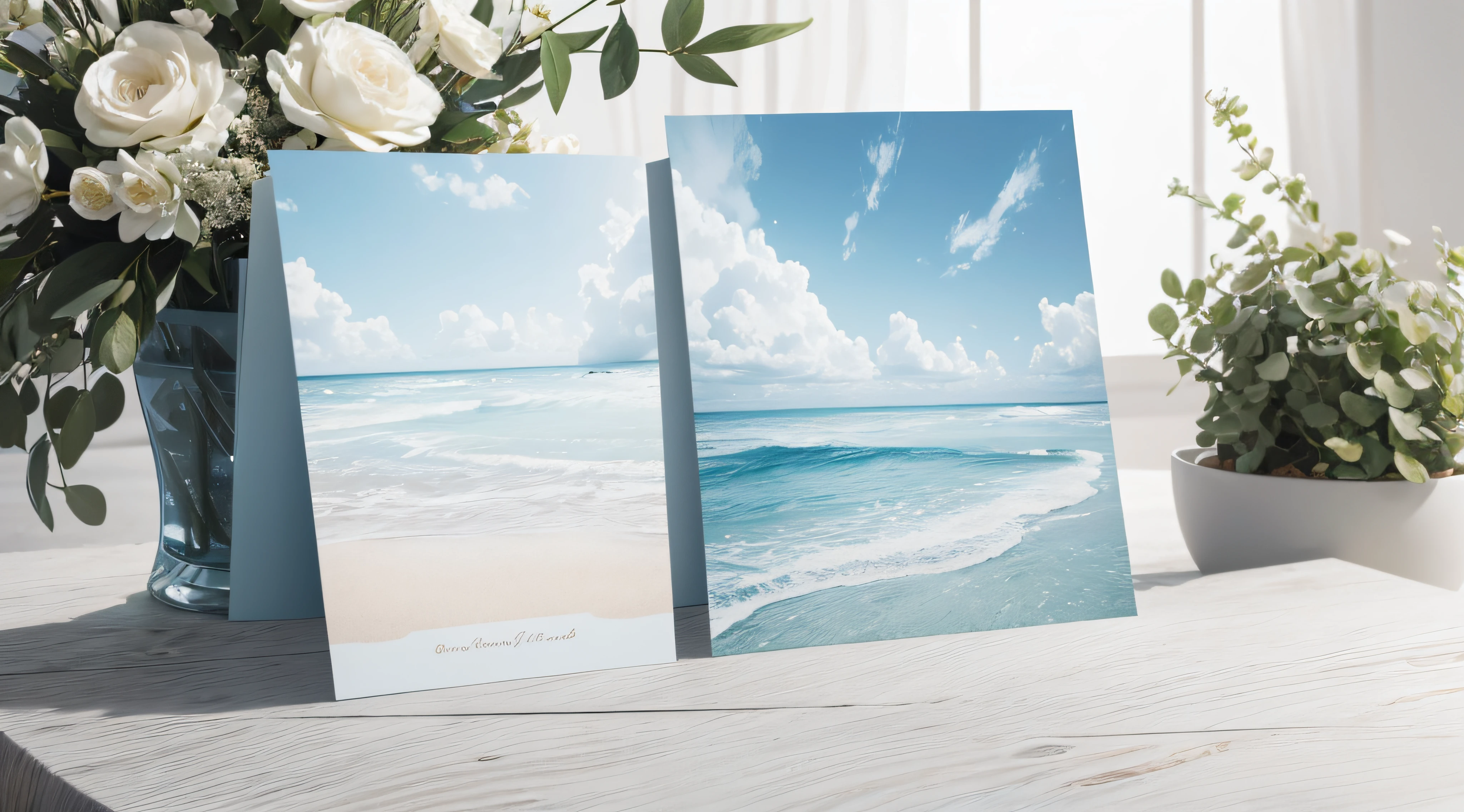 （（（Close-up of two postcards with white artistic borders，Stacked on a light blue mottled wooden table,4K,A high resolution，Extremely sophisticated and complex）））,Ethereal atmosphere,（（pure white palette））,Peaceful and quiet atmosphere