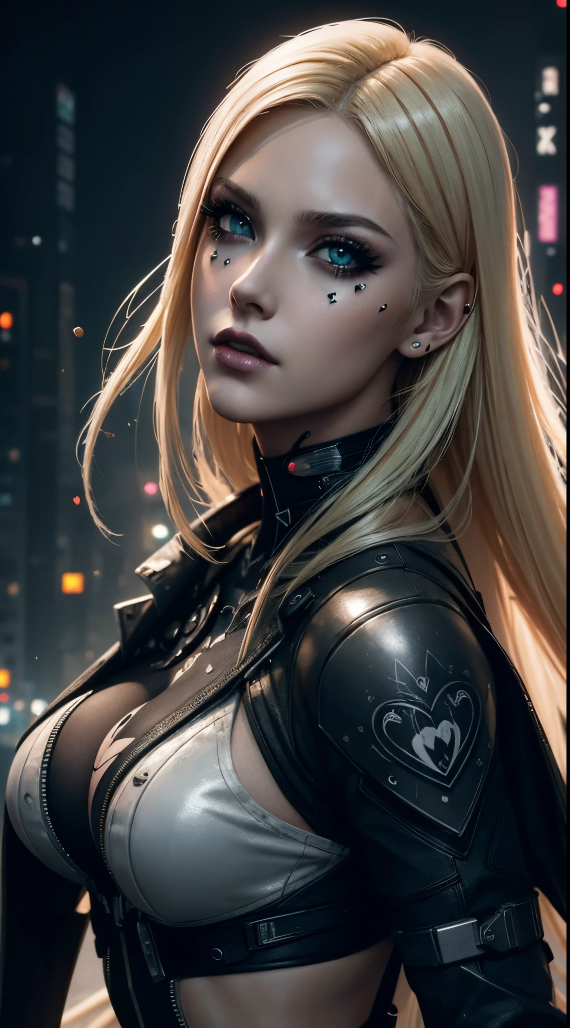 obra-prima, melhor qualidade, Cinematographic photo, anatomicamente correto, corpo inteiro, rosto realista, textura de pele real, digital art illustration, femme fatale, mulher de 30 anos, pale skinned, Polish, pronounced feminine features, (alongamento), cabelo loiro liso, seios grandes, vestindo armadura de ouro cyberpunk, dark illustration style, (8k, dynamic compositing, fotorrealista, foco nítido), plano de fundo elaborado, cinemactic, thirds rule, luz de fundo, grain of film, detalhes intrincados, detalhes finos,