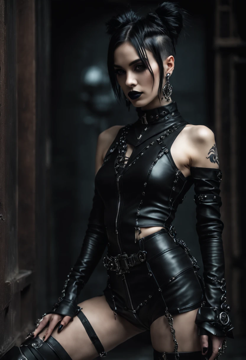 Woman dressed in latex posing for a photo in a dark abandoned church, fetish fashion, goth make-up, darksynth aesthetic, horror fashion, bizarre fashion, ultra detailed, masterpiece.
